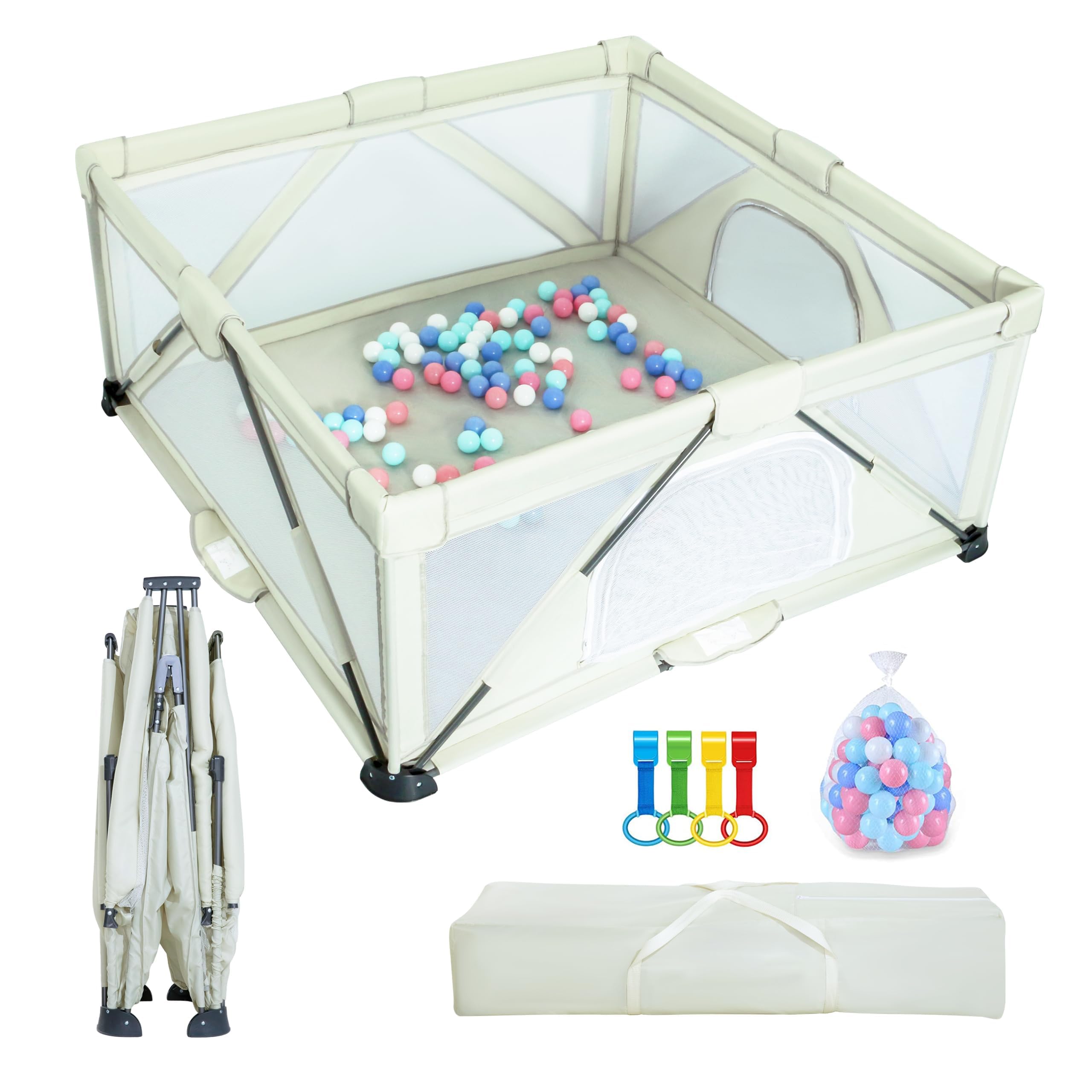 Foldable Baby Playpen 59x71inch, iTiLike Playpen for Babies and Toddlers with 50 PCS Ocean Balls & 4 Handles, Indoor & Outdoor Kids Safety Play Pen Area, Portable Travel Play Yard,Beige