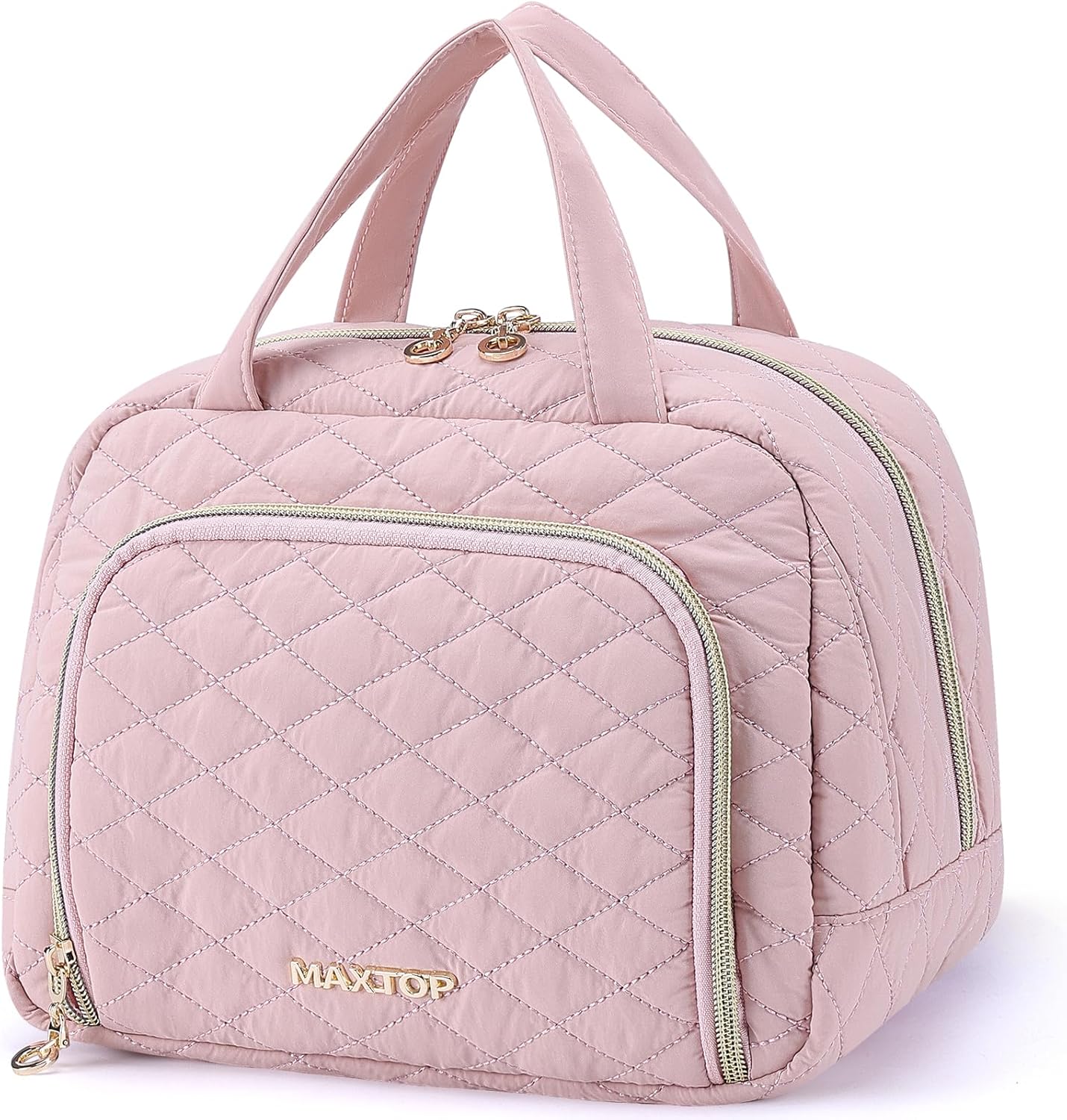 MAXTOP Large Capacity Makeup Bag,2-Piece Quilted Cosmetic Bags for Women,Travel Toiletry Bag With Jewelry Organizer Compartment and Storage Make Up Organizer Travel Essentials?Pink? Pink 2-set Large Capacity Make Up Bag