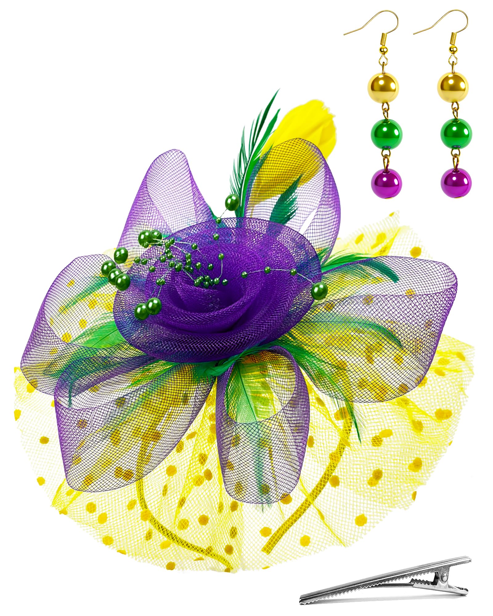 SIROGOGO Mardi Gras Fascinator Cocktail Tea Party Headwear Feather Chiffon Flower Headband for Women Girls, Multicolor