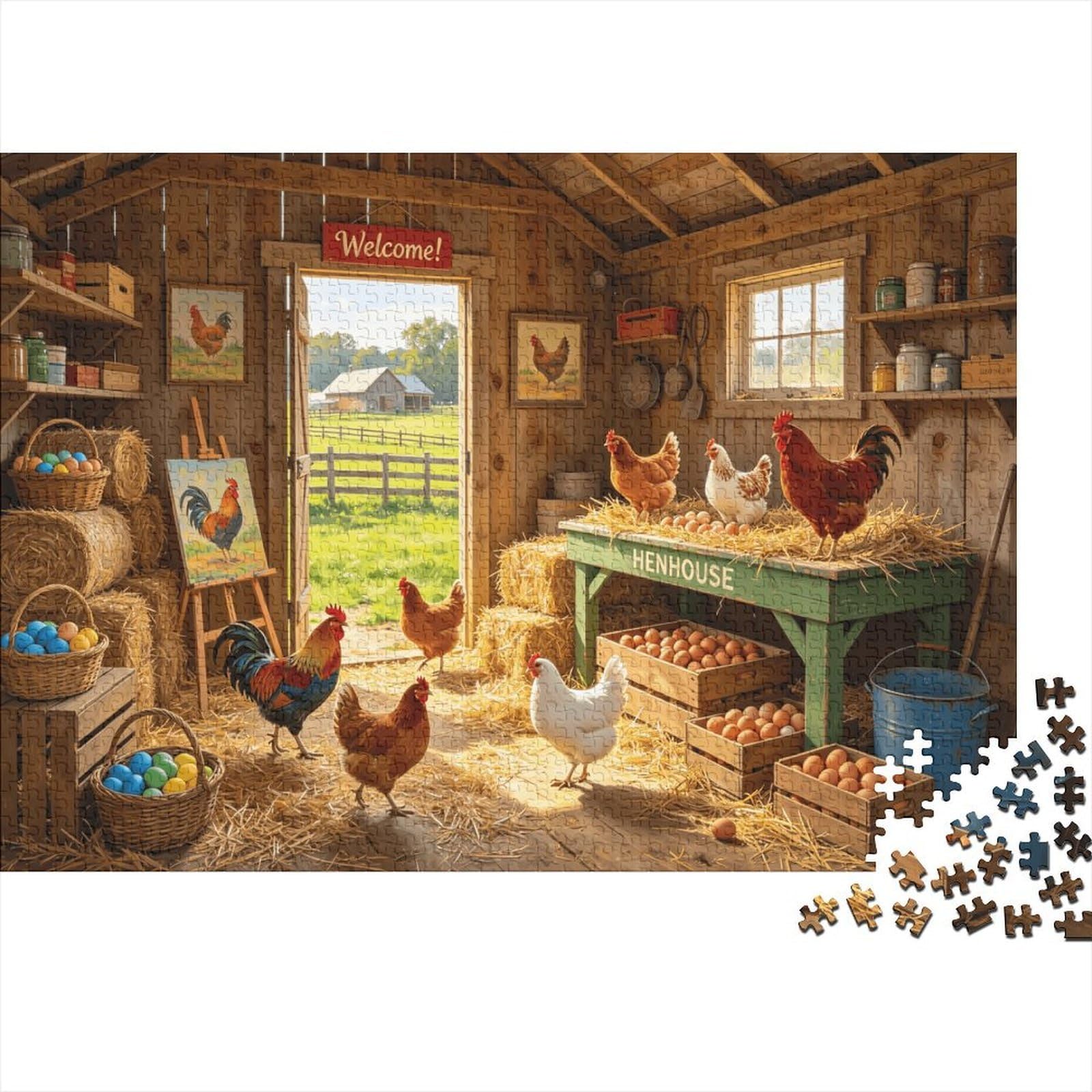 Chicken Coop Jigsaw Puzzle 1000 Pieces Recyclable Material Farm Scene Adult Jigsaws Family Gaming Time Props Interesting Family Game for Home 52x38cm/1000pcs