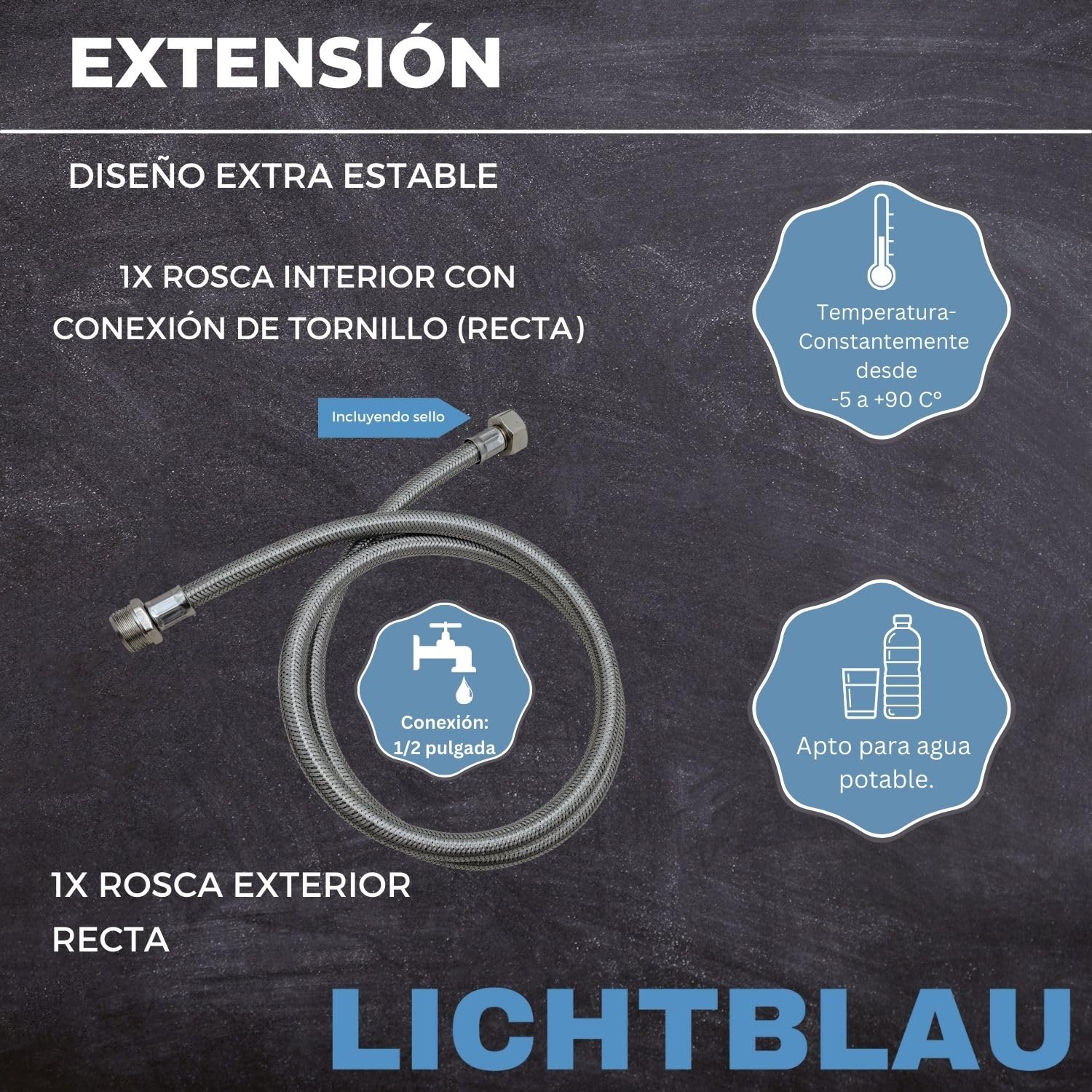 LICHTBLAU manguera de extensión flexible acero inoxidable 60 cm 1/2 pulgada, latiguillo prolongador antitorsión para grifo cocina y baño, agua potable, alta presión, resistente y duradera