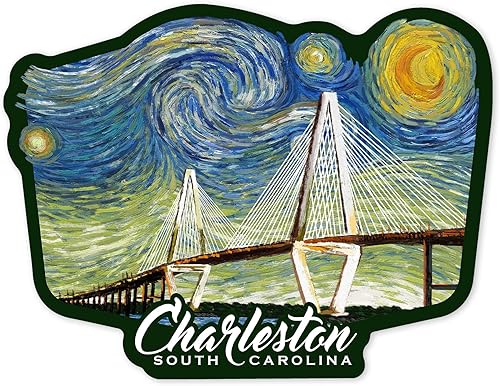 Adhesivo troquelado Charleston, Carolina del Sur, noche estrellada, puente, adhesivo de vinilo de 1 a 3 pulgadas (calcomanía impermeable para