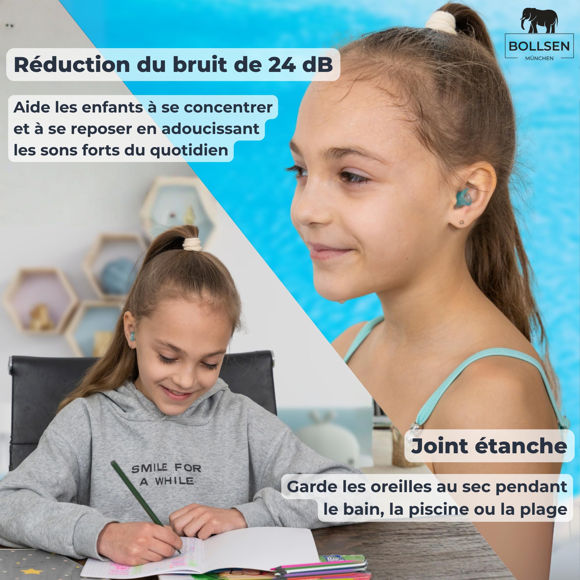 BOLLSEN Bouchons d’oreilles pour enfants – Réduction du bruit de 24 dB SNR, étanches pour la natation, le sommeil, les voyages et l’école – Réutilisables et confortables (2)