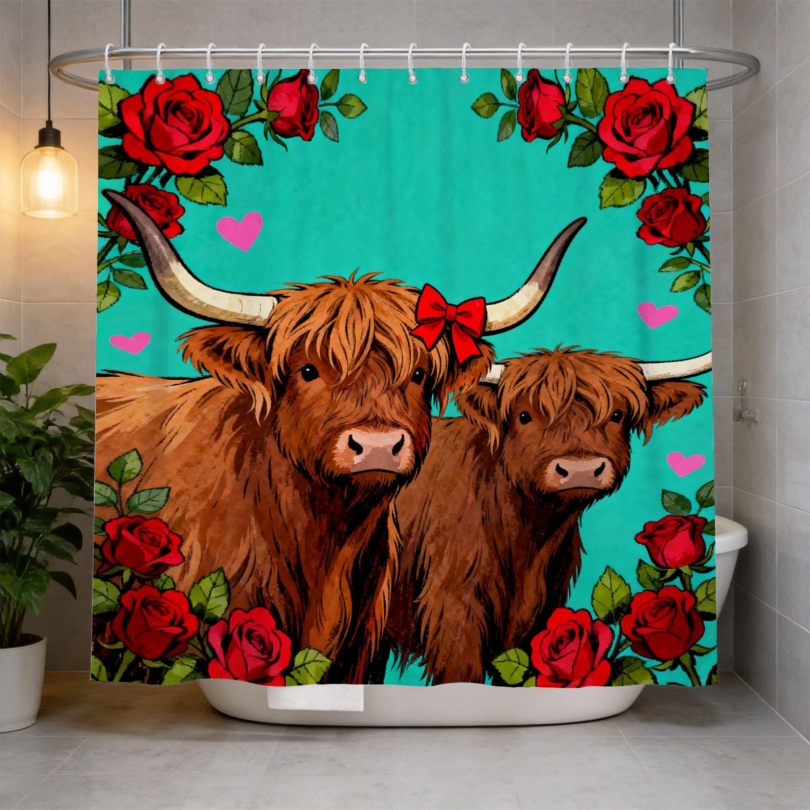 Hongduo White 3D Highland Cow Shower Curtain For Stalls Bathtubs Red Rose Bathroom Decor Shower Curtain Set Polyester Fabric Waterproof 200X200cm/79X79 Inch With Hooks