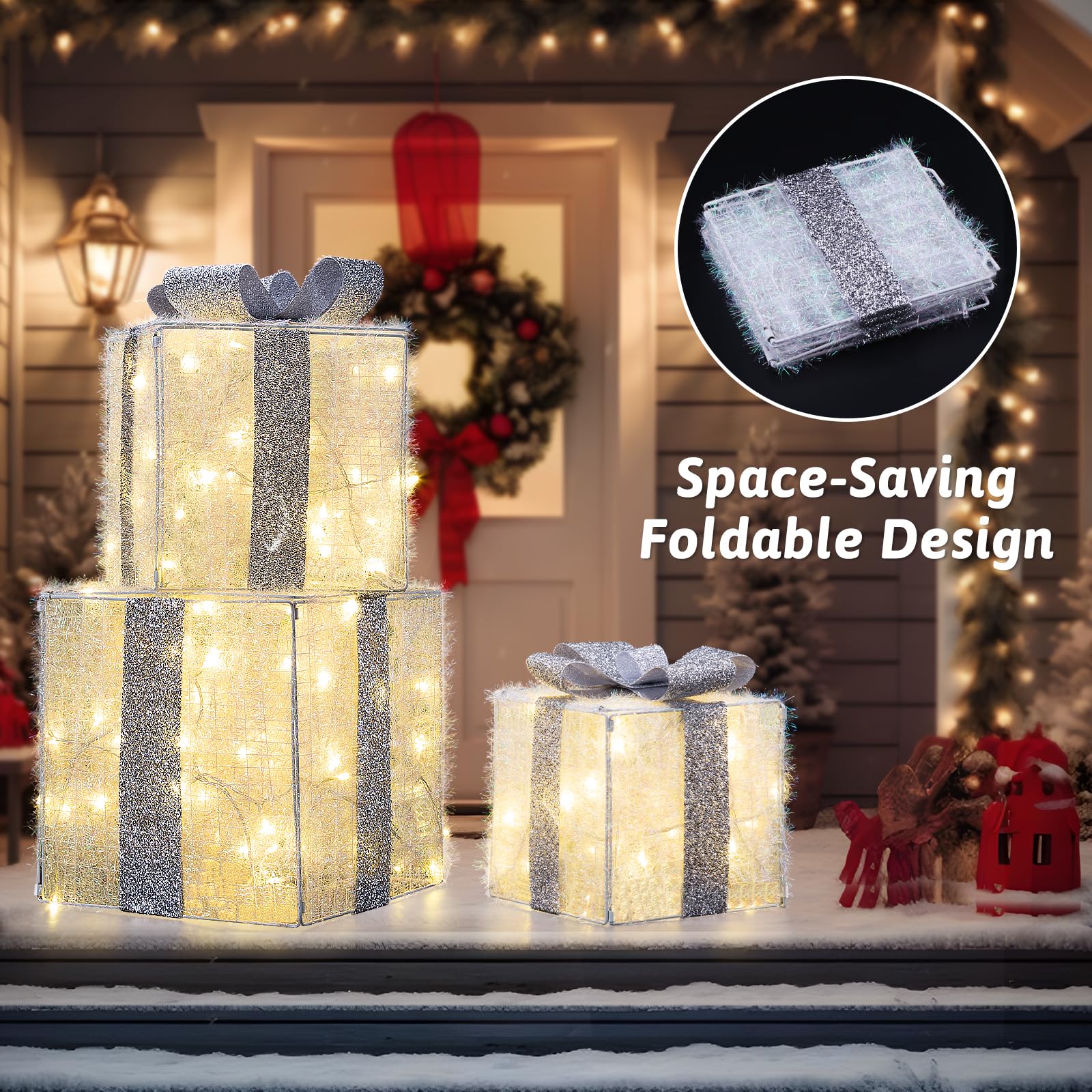 Quntis 3 Set LED Geschenkbox Weihnachtsdeko Innen Strombetrieben | 117 warmweiße LEDs, 30CM Großer beleuchtete Boxen, Lichterdeko Geschenkpakete für Weihnachtsbaum Fensterbank Garten