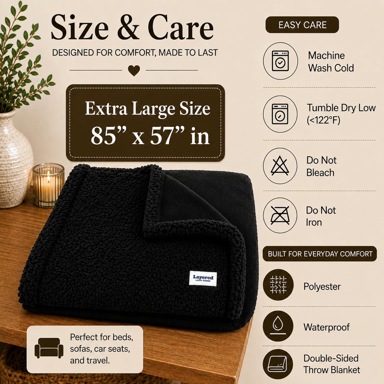Layered Blankets The Accent - Waterproof, Double Sided Luxury Blanket - Bed, Sofa, Couch - Machine Washable, Comfy - Sherpa and Fleece, Protect The Bed