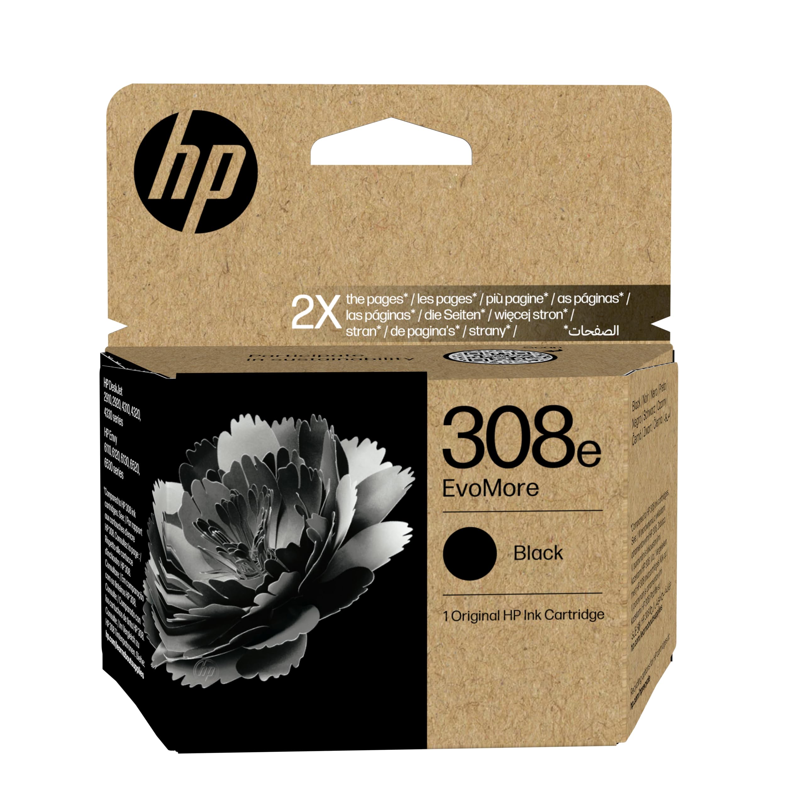 HP 308e EvoMore Schwarz Original Druckerpatrone für nachhaltiges Drucken bei hohem Druckaufkommen, DeskJet 2900, 4300 Envy 6100e, 6500