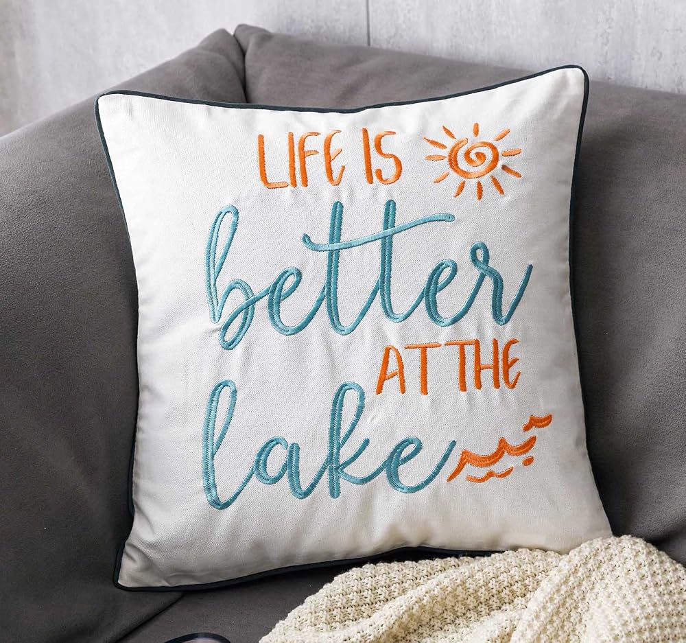 Embroidered Lake Life Throw Pillow Cover