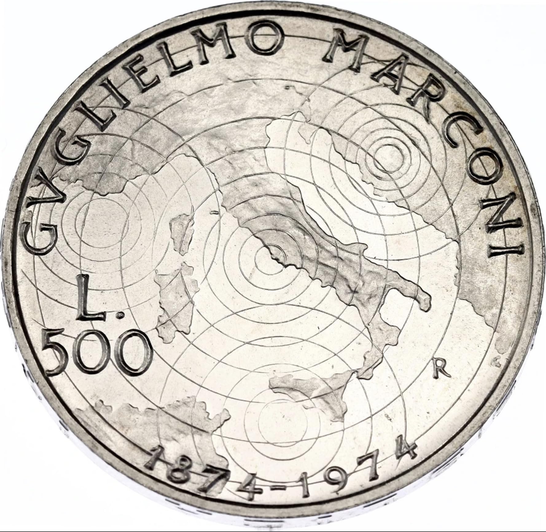 1974 R Silver 500 Lira Italian Commemorative Coin. Celebrating