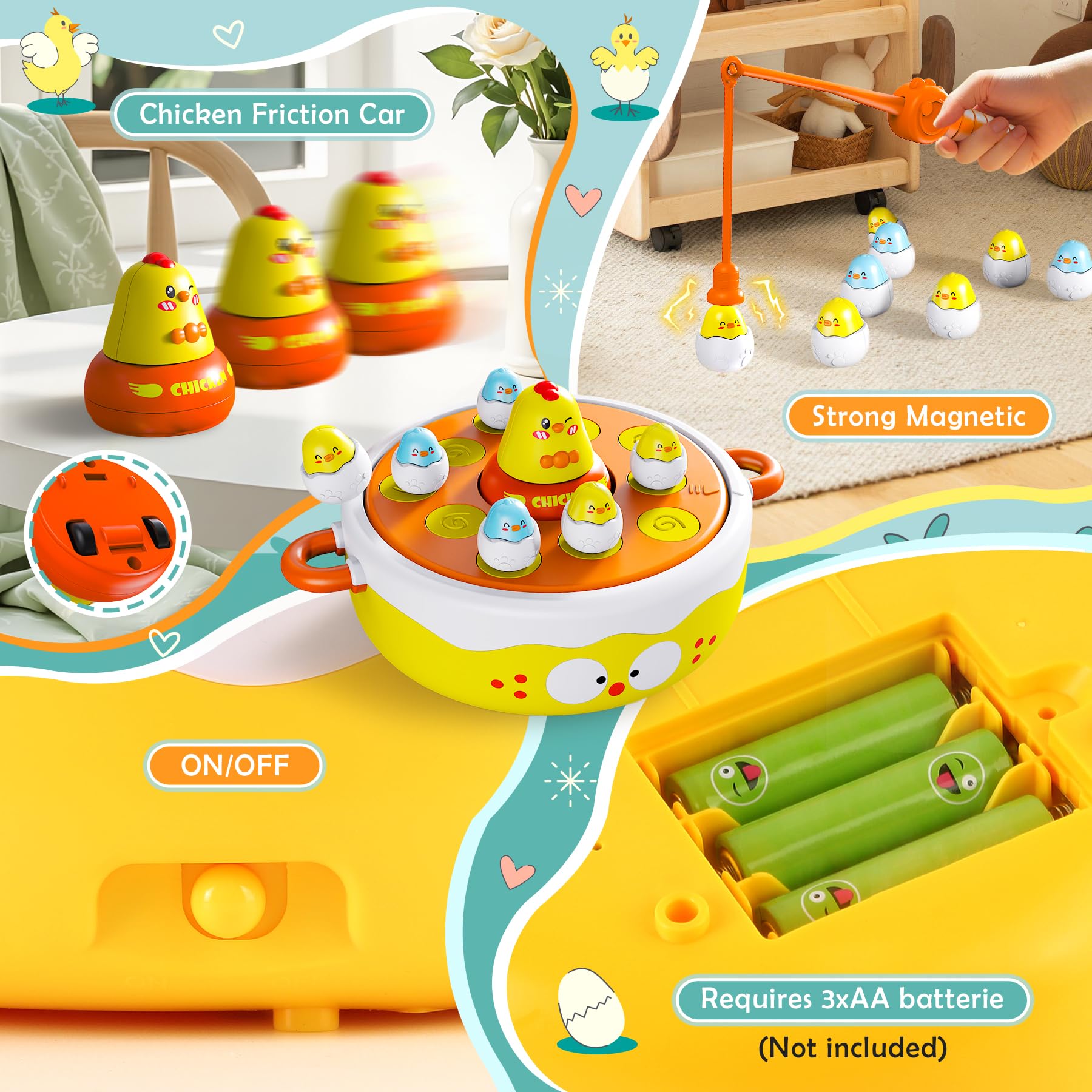 BunnyJOY Set di Pesca Magnetica 4 in 1 con Pulcini per Bambini 3+ Anni Giocattolo Educativo Montessori Interattivo con Musica, Gioco per Bambini di Pesce con Rete, Regalo per Ragazzi e Ragazze 3 4 5 6