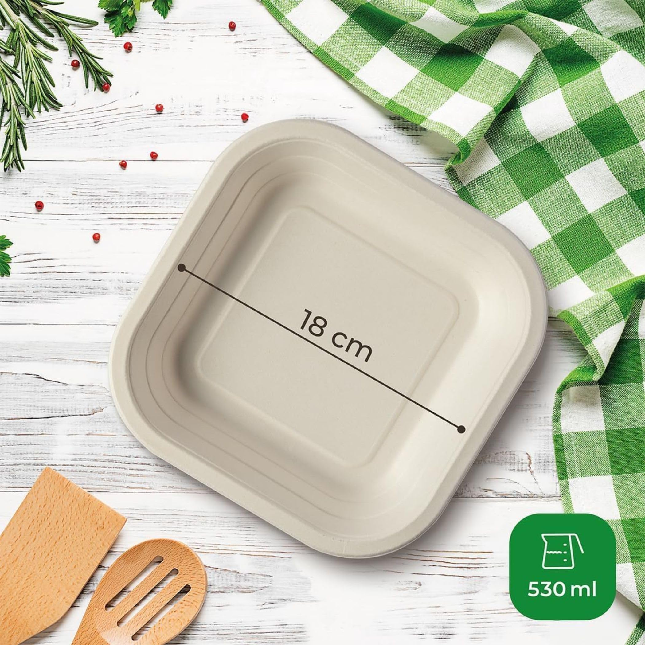 TREEPACK - Piatti usa e getta compostabili 600Pz, Piatti Monouso in Bamboo e Canna da Zucchero Capacità 530 ml, Piatti Biodegradabili per Microonde resistono da -18 °C a +200 °C. [18 x 18x 3,6 cm]