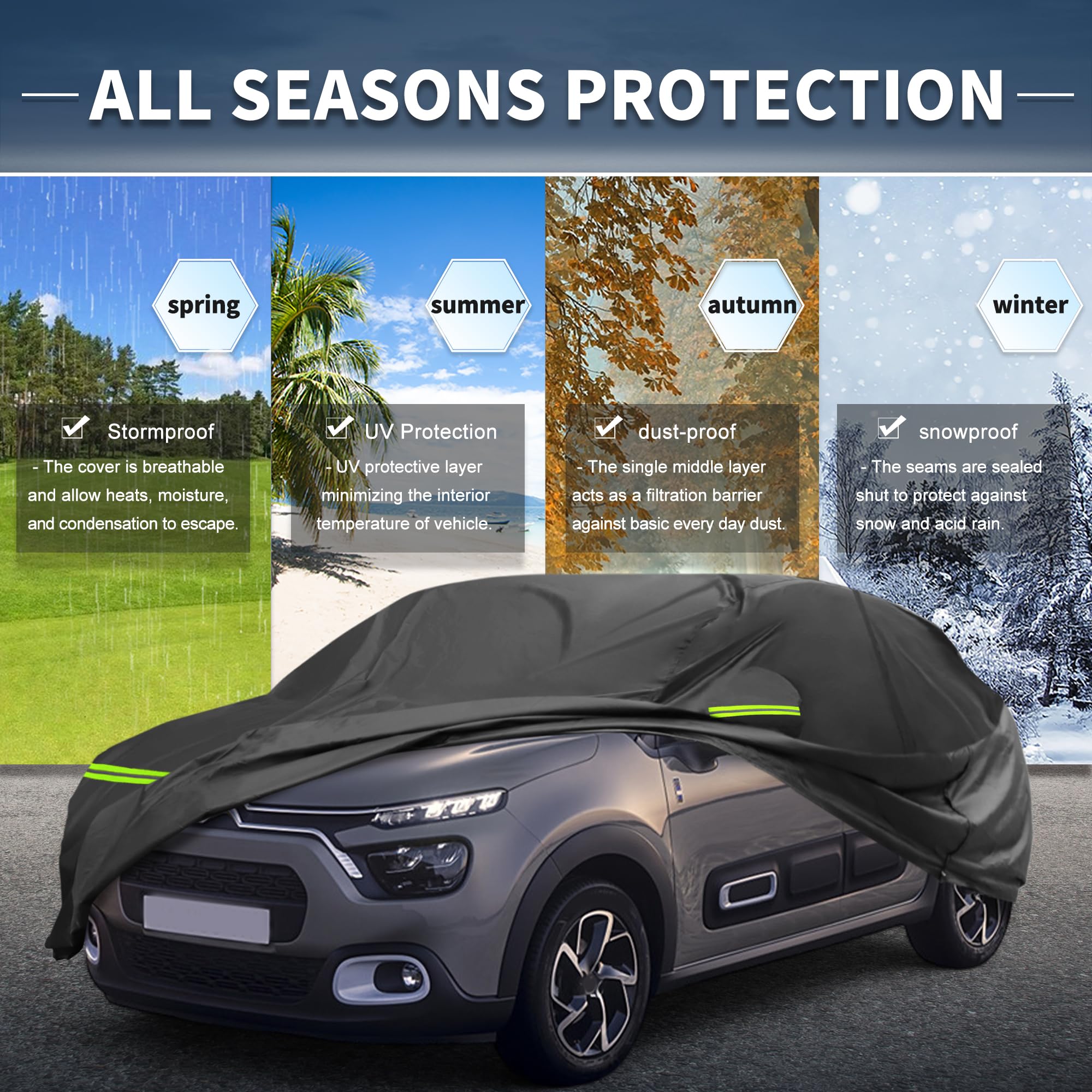 A ABSOPRO Funda de Coche para Citroen C3 II/III 2017-2023 210D-PU Exterior Cubierta Completa Todo Clima Impermeable a Prueba de Viento Protección Solar con Cremallera Negro