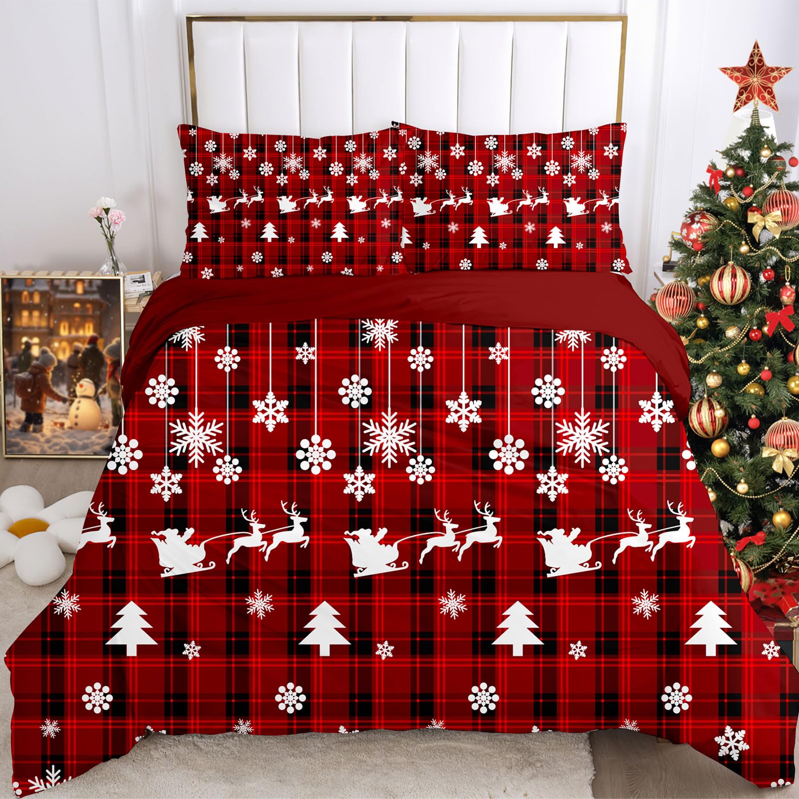 WZXGHE Copripiumino Matrimoniale Natalizio 135x200,Set Di Biancheria Da Letto Con Babbo Natale E Alce, Regali Di Natale Per Bambini E Adolescenti (Rot kariert, 135x200cm