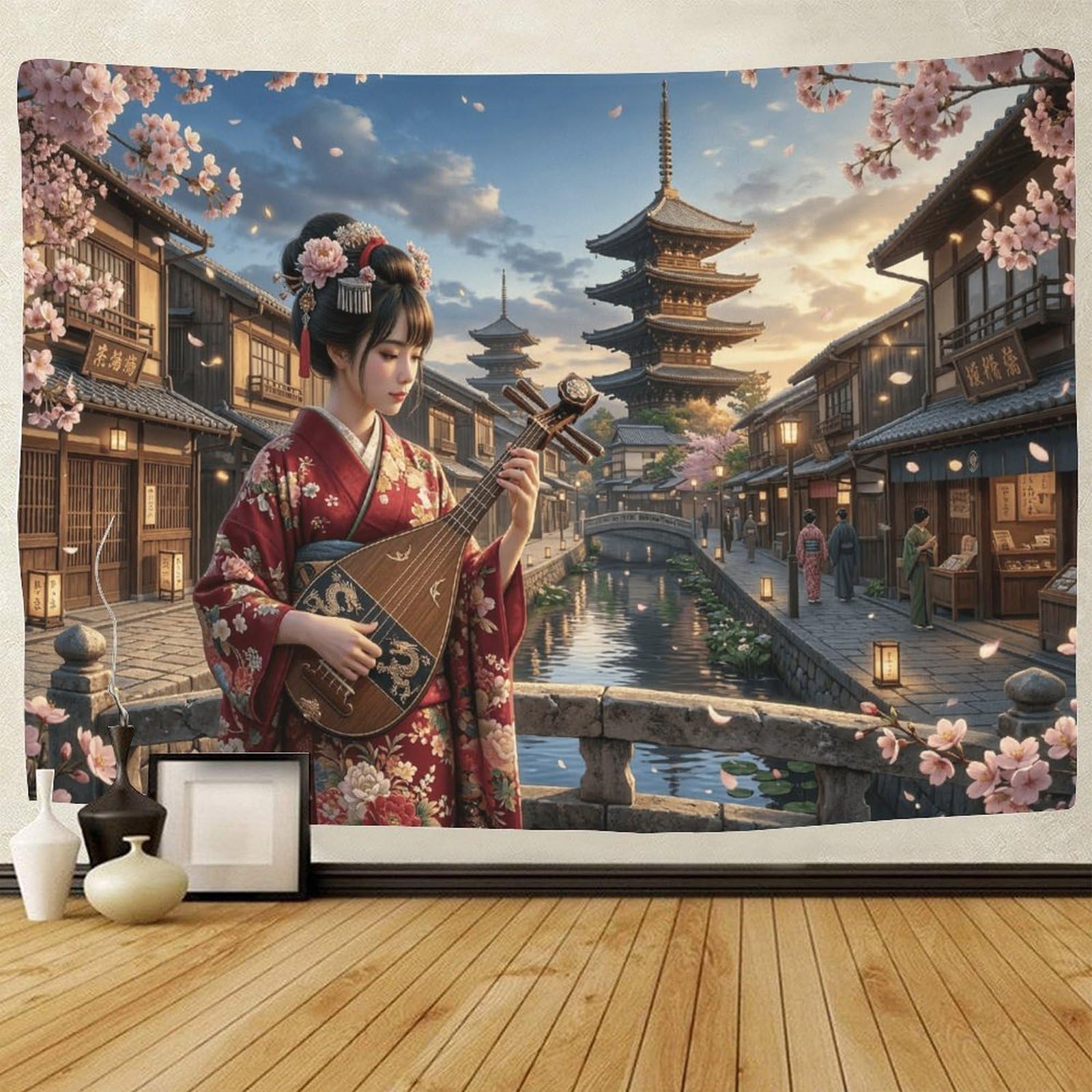 GPMNBCXZK Japanese Geisha 3D Print Wall Hanging Bedroom Dorm Living Room Artwork Pagoda Tapestry 70cmx100cm