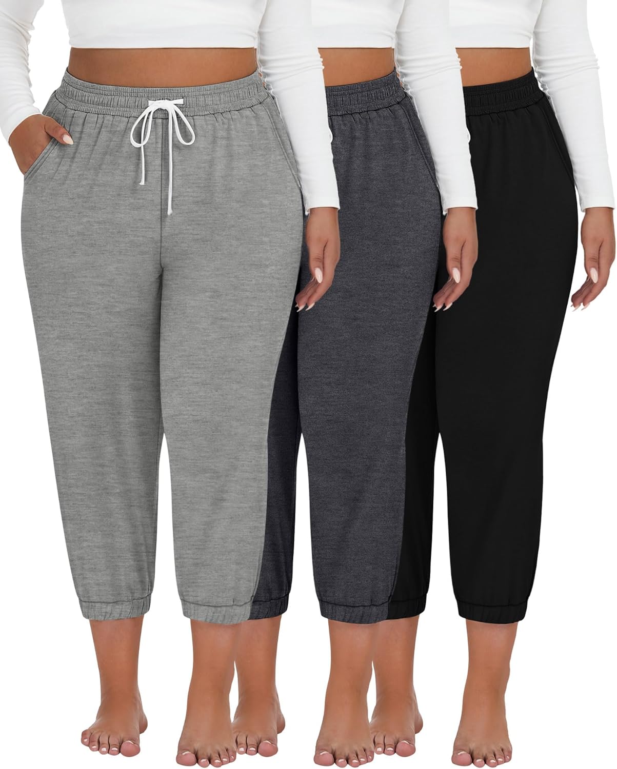 Ficerd 3 Pack Women's Plus Size Capri Sweatpants Cotton Spandex Drawstring Joggers Cropped Athletic Lounge Pants with Pockets(Black, Light Grey, Dark Grey,XXL) - Image 2