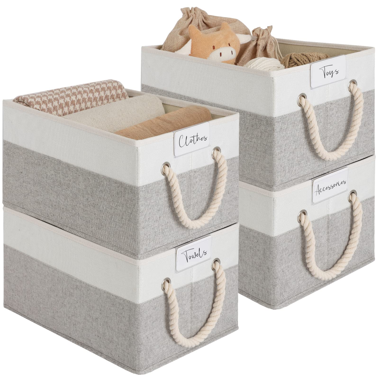 LoforHoney Home Fabric Storage Baskets for Shelves, Foldable Storage Baskets for Organizing, Closet Organizer Bins with Cotton Rope Handles, Canvas Storage Bins for Clothes, Large, Beige&Gray, 4-Pack