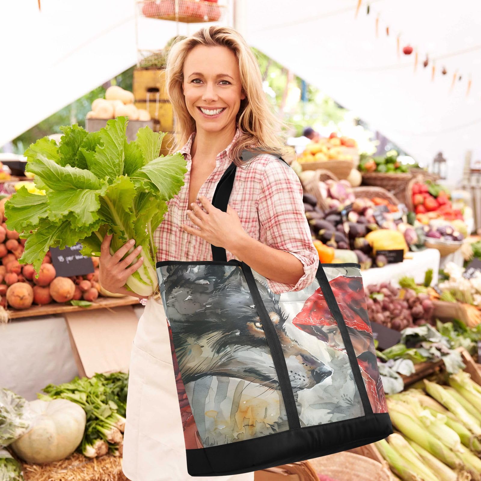 Wolf with Girl - Bolsa térmica aislada, bolsas de compras reutilizables con cremallera, bolsa térmica grande portátil para viajes o camping