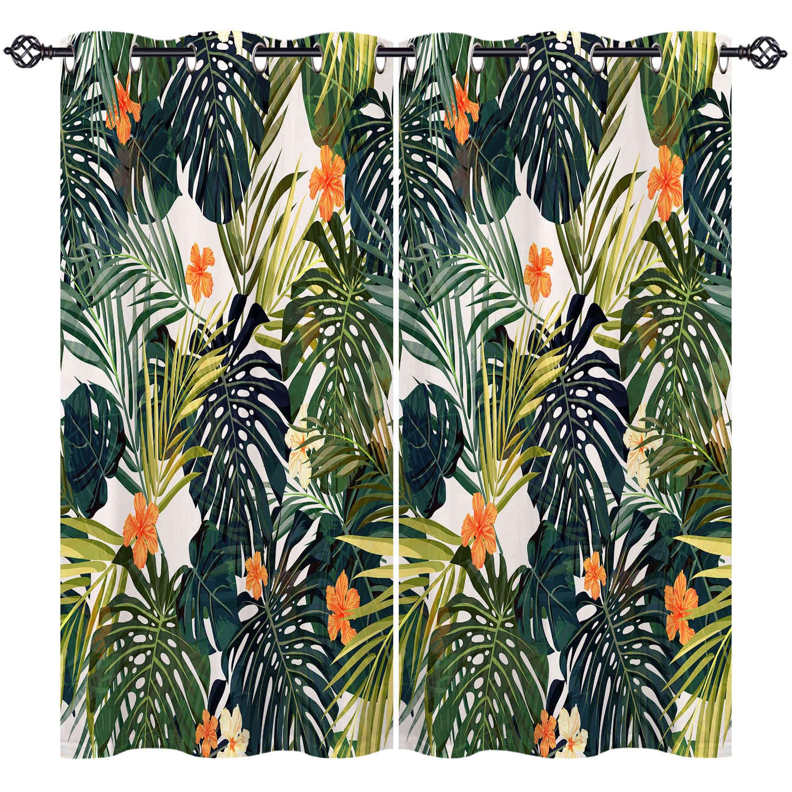 ANHOPE Tropical Curtains Eyelet Thermal Insulated Blackout Curtains Tropical Jungle Plant Flower Palm Leaf Print Pattern Ring Top Window Drapes for Bedroom Living Room 42 x 63 Inch Drop 2 Panels — image 1
