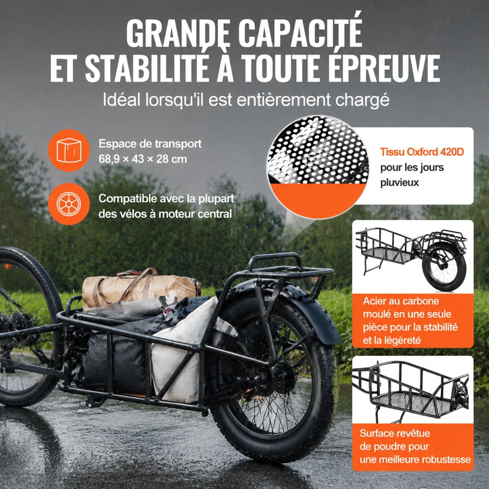 Remorque de vélo pour fret, capacité de Charge 32 kg, Structure à dégagement Rapide, Rangement Compact, Cadre en Acier au Carbone