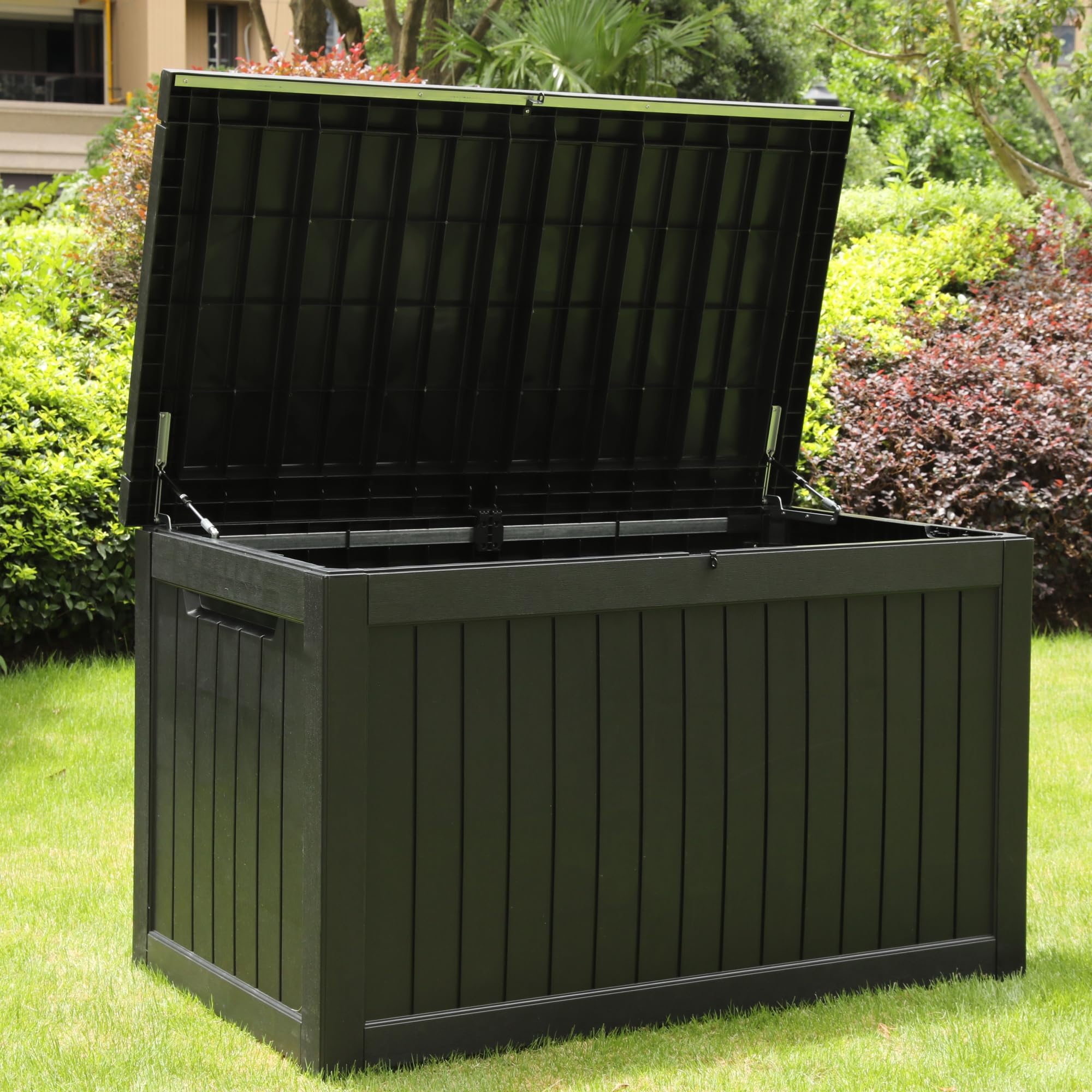 Olsen & Smith 170L Lockable Outdoor Garden Plastic Storage Box Container Chest - Small Lawn Balcony Furniture, Weather Resistant, Wood Panel Effect (Black) — view 10