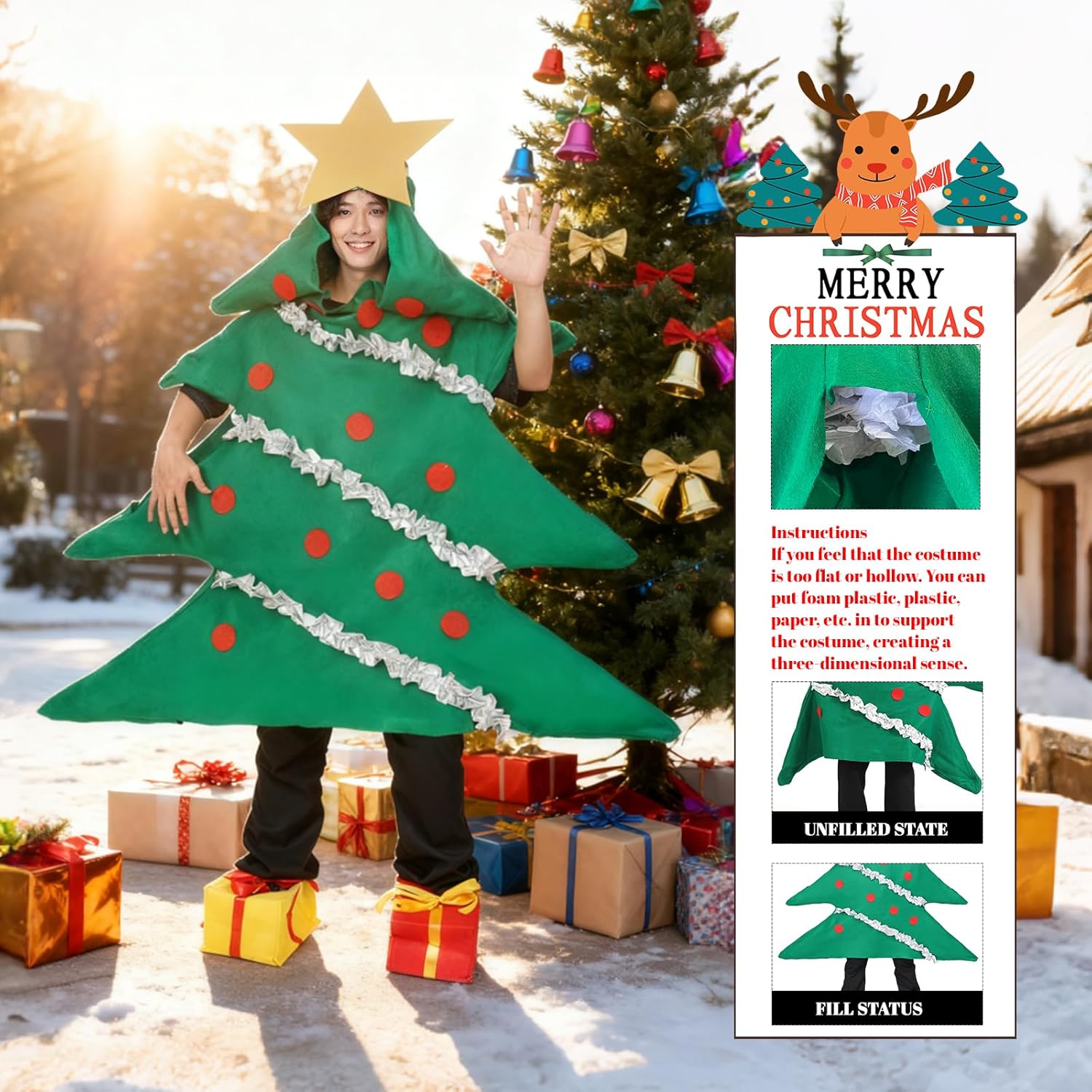 3 PCS Christmas Tree Costume for Adult Onesie with Gift Box Shoes Covers Unisex Funny Xmas Outfit Christmas Cosplay - Image 7