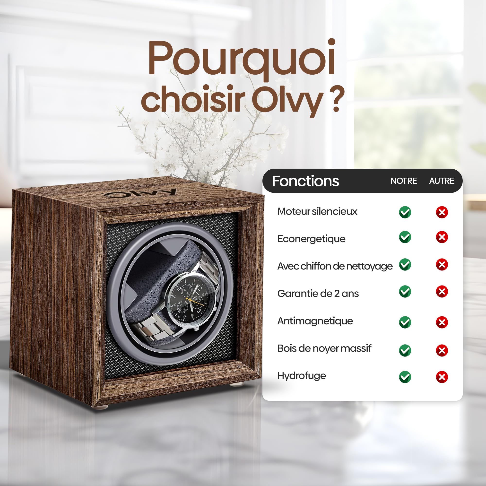 Olvy Remontoir Montre Automatique, Boîte de Remontoir de Montre, Watch Winder, Moteur Extrêmement Silencieux, Coussin de Montre Flexible