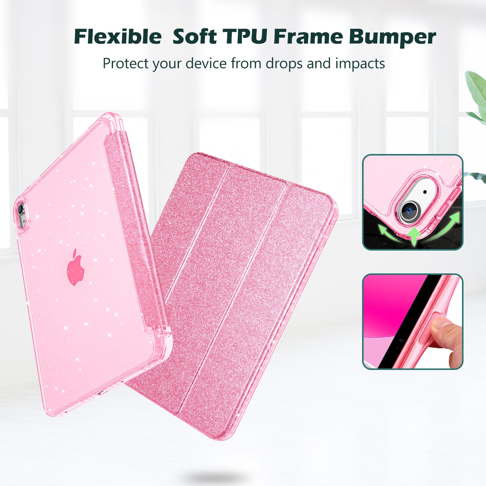 ProCase Cover iPad 11 Generazione A16 11 Pollici 2025/iPad 10 Generazione 10,9 Pollici 2022,Custodia con Portapenna Auto Sonno/Veglia -Glitter Rosa