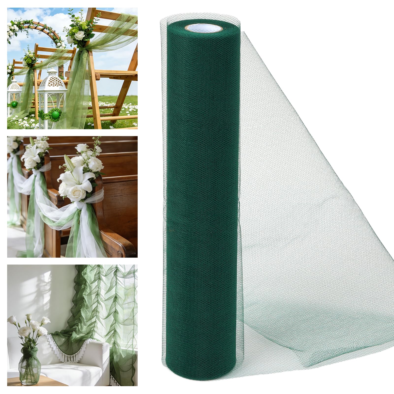 Alaoo Tulle Fabrics Roll, Mesh Netting Fabric, Wedding Decoration Mesh for Table Runner Present Wrapping DIY Sewing Crafts Wedding Party Decorations, Green 29CM*26M