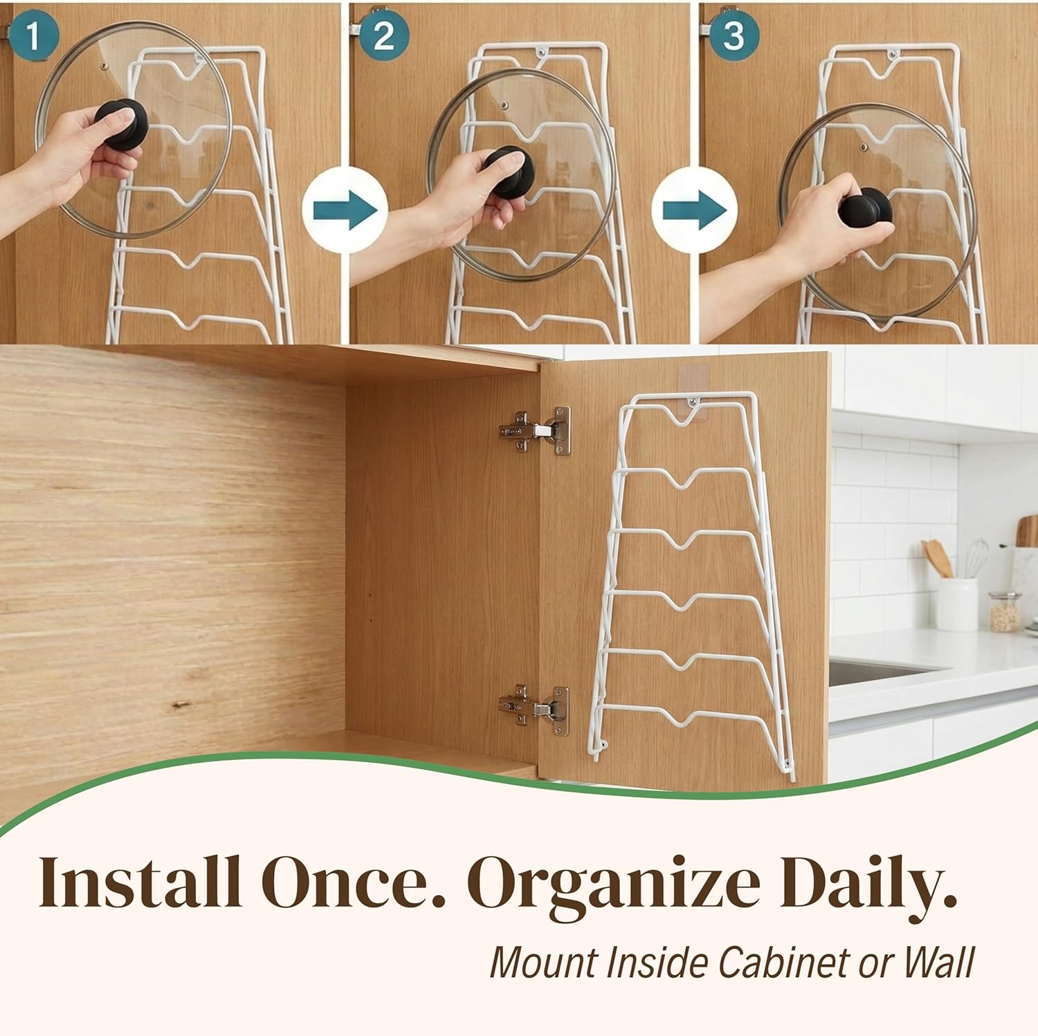 Evelots 6 Pot Lid Organizer for Cabinet or Pantry Wall - Cupboard Door Pots and Pans Organizer - Glass or Metal Pan Covers Cabinet Organizer - Rack Hanger Dividers - Set of 2