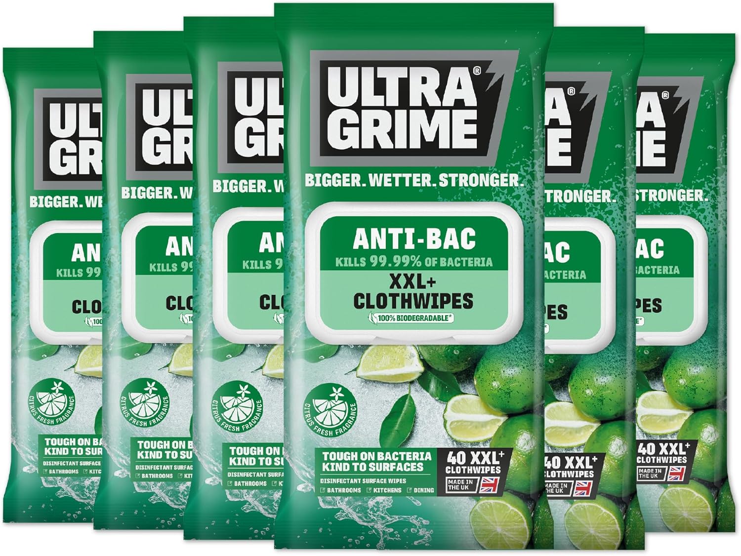 UltraGrime Antibacterial Wipes 6 x 40 Thick Large Wipe Pack 240 Wipes