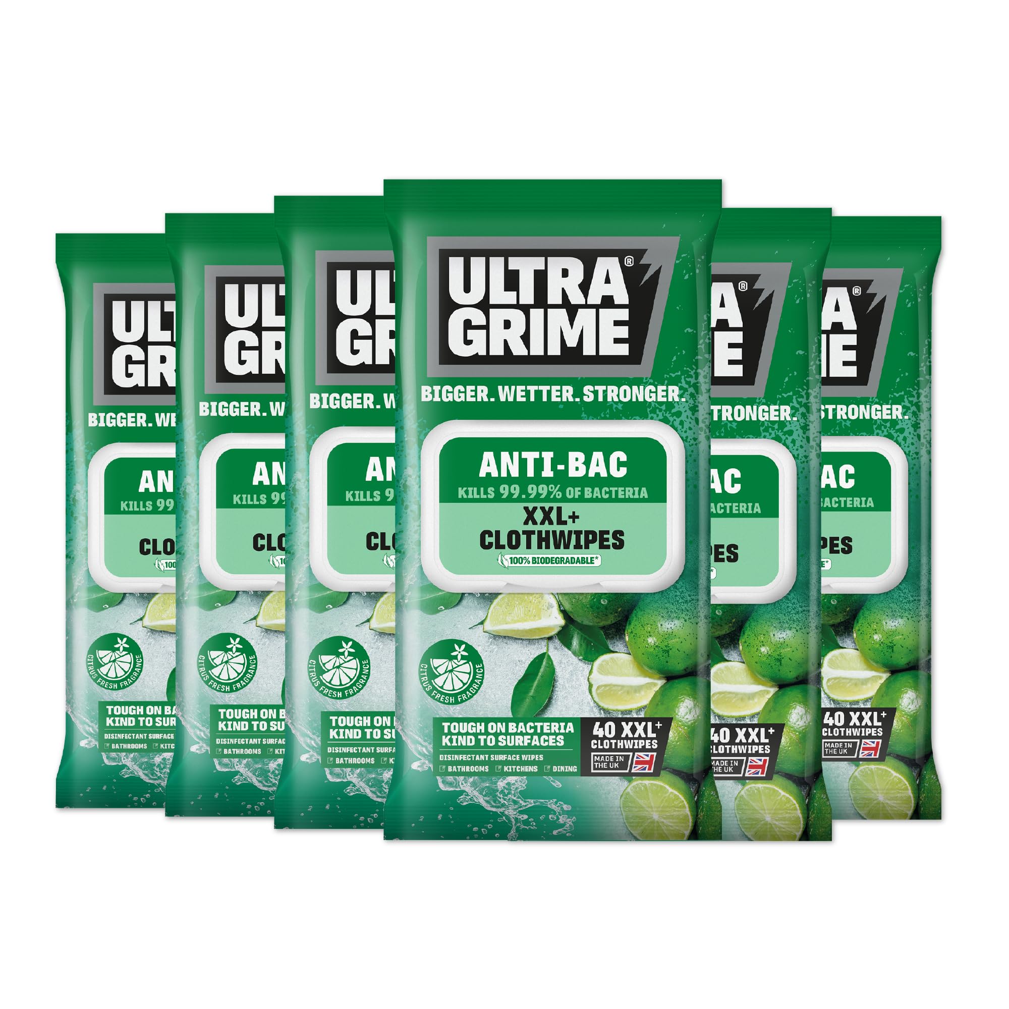 UltraGrime Antibacterial Wipes 6 x 40 Thick Large Wipe Pack - 240 Wipes - large wet wipes - cleaning wipes antibacterial - multi purpose wipes - antibacterial hand wipes industrial wipes toilet