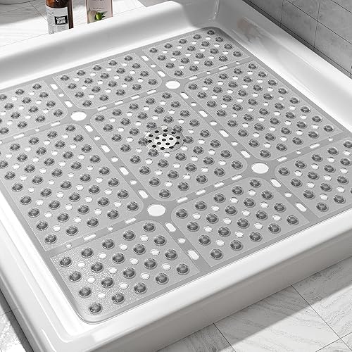 Miniatura 8 de XIYUNTE Tapete de ducha cuadrado grande  27 x 27 pulgadas, antideslizante, para ancianos, tapete cuadrado con potente ventosa y agujeros de drenaje,