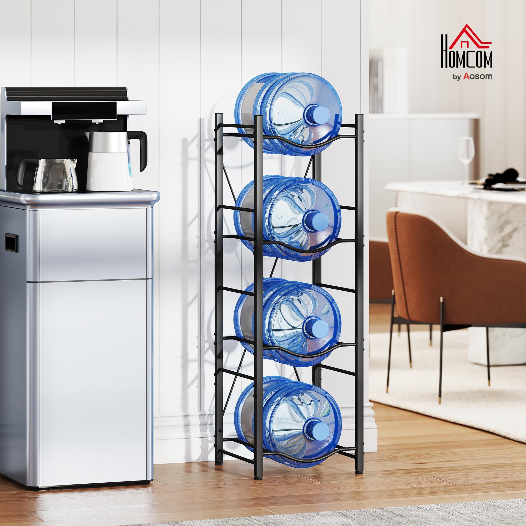 HOMCOM Soporte para Garrafones de Agua de 4 Niveles Estante de Almacenamiento para Botellas de Agua con Estructura de Metal Reforzada para Cocina Comedor Sala de Estar Negro