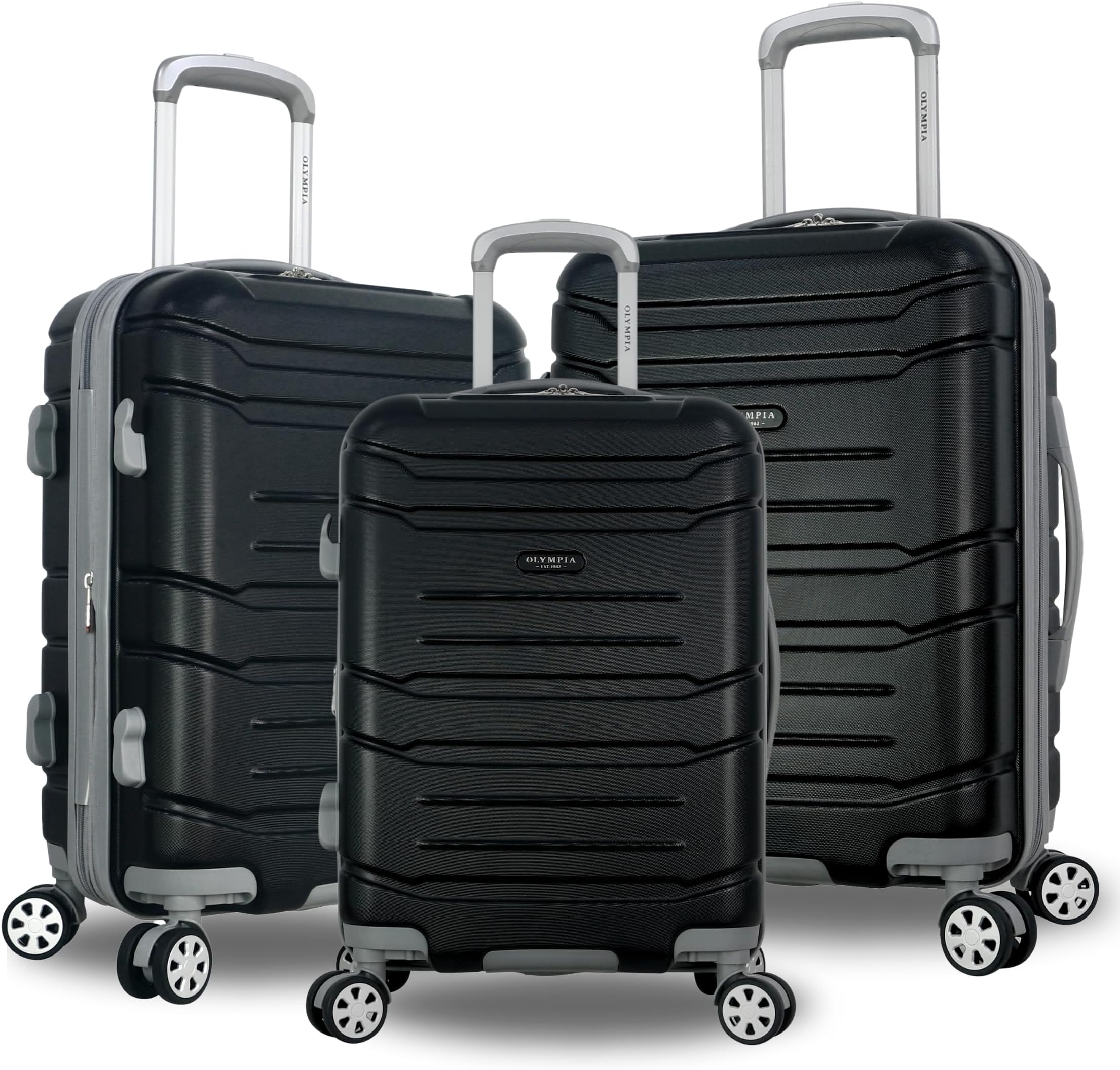 Olympia U.S.A. Denmark 3-Piece Luggage Set (22”, 26”, 30") - Lightweight Hardside Suitcases, Expandable 30%, 8 Jumbo Spinner Wheels, Utility Hook & Hidden Laptop Compartment (Black)