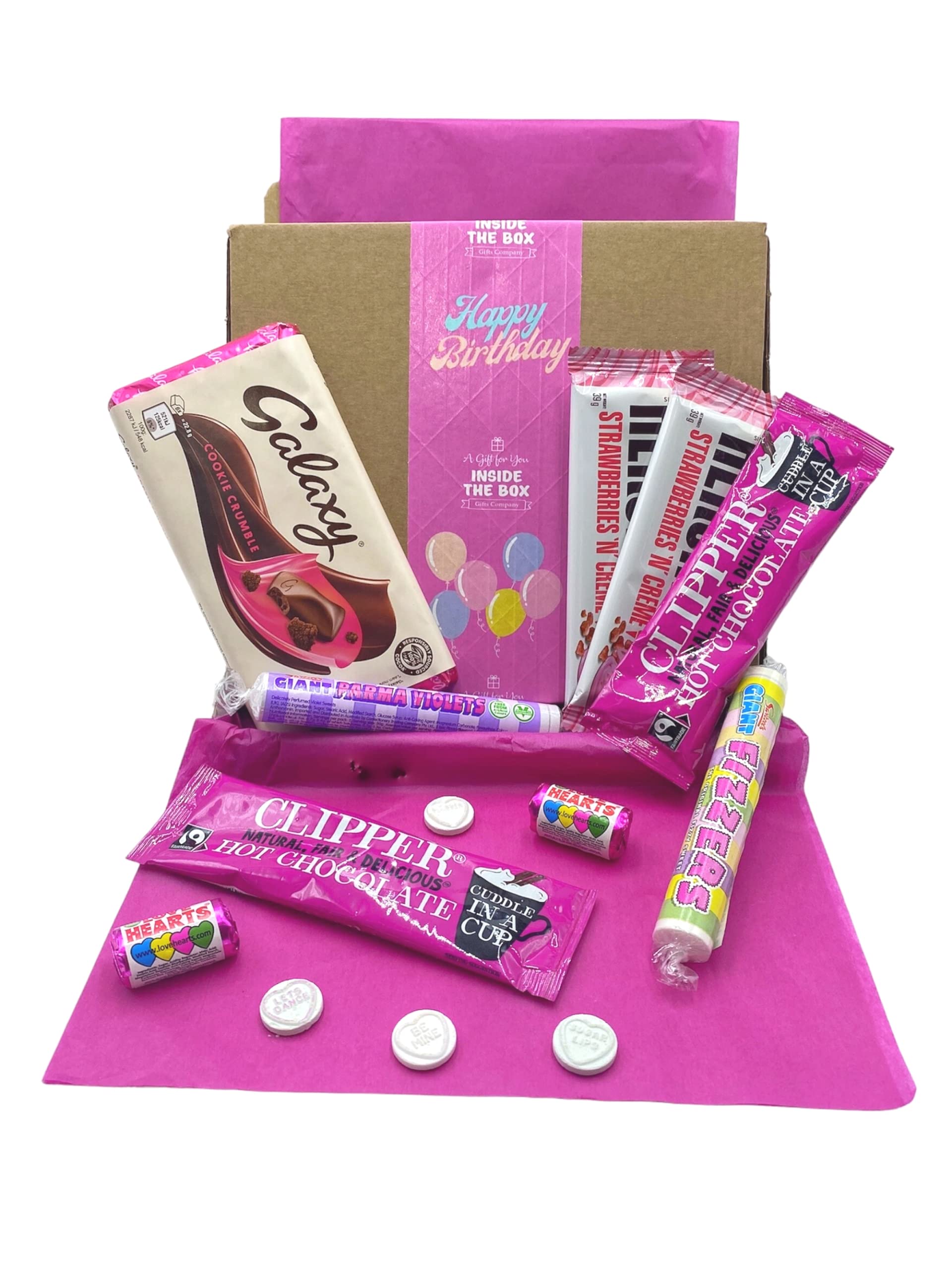 The Pink One Birthday Letterbox Gift for Women and Girls - Chocolate and Sweets and Hot Chocolate Selection Letterbox Gift Hamper by Inside the Box Gifts (Happy Birthday)