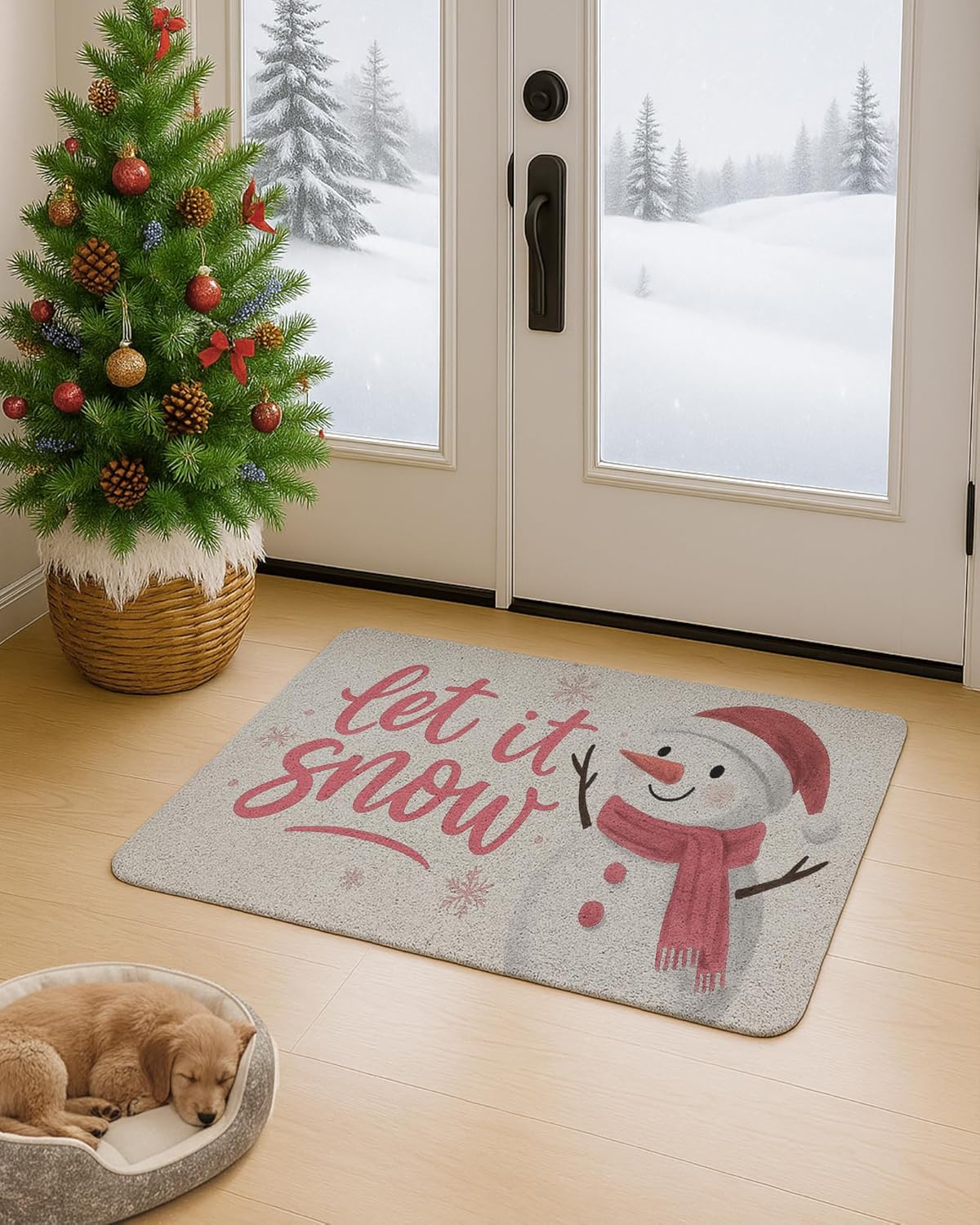 Let It Snow Pink Winter Santa Door Mat, Christmas Snowman Snowflake Doormat for Porch Entryway Entrance Front Door, Xmas Winter Welcome Mat Outside, 17x30 Inch
