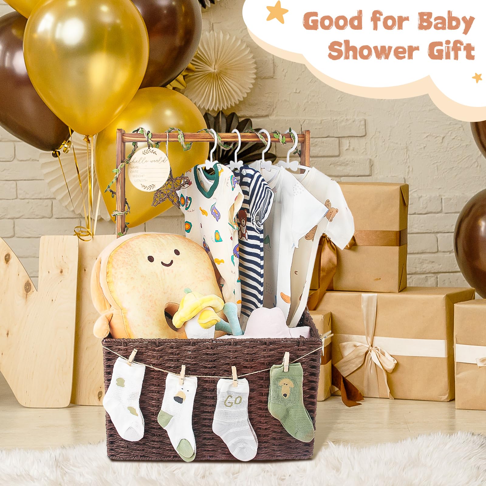 Wisreach Armario de madera para baby shower, caja de almacenamiento para bebé con asa, cesta de almacenamiento plegable tejida a mano para regalos de baby shower