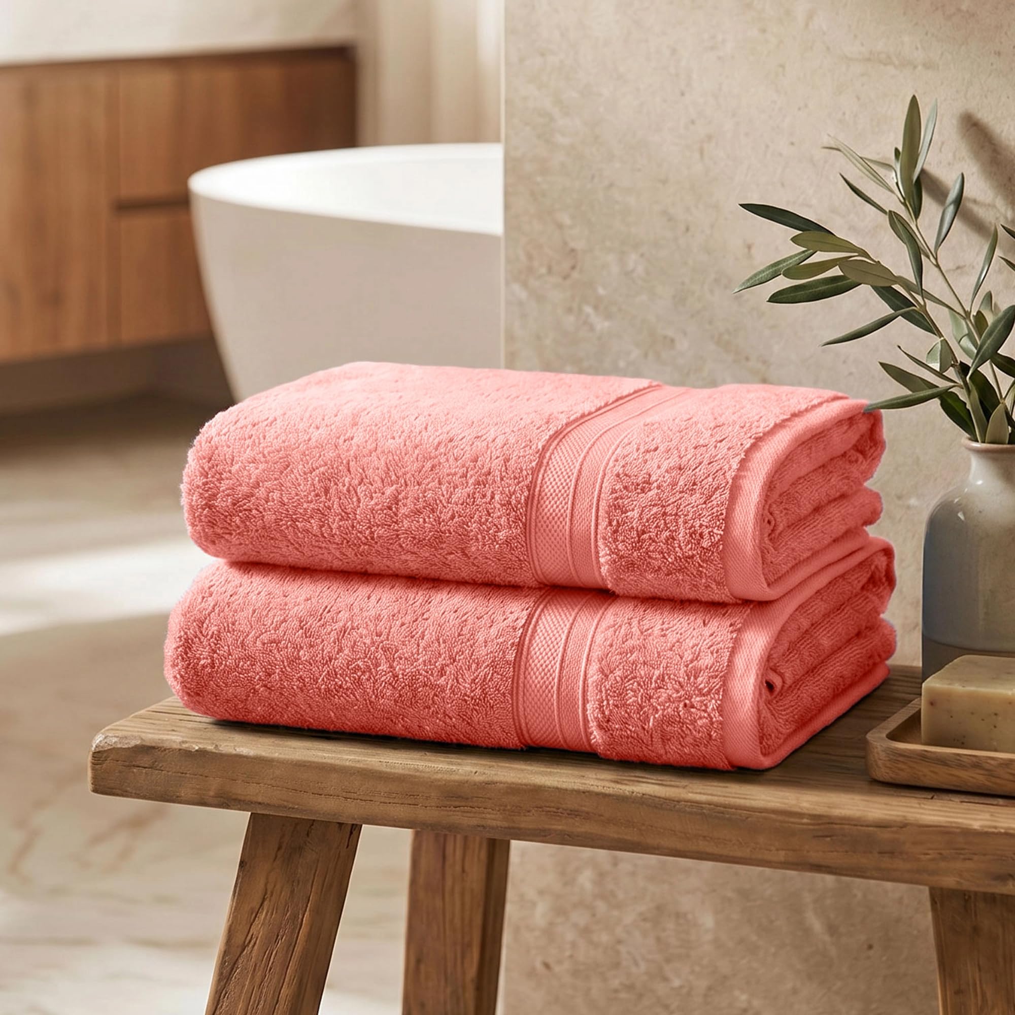TRIDENT Soft Comfort Air Rich 100% Cotton Towels for Bath, 500 GSM Large Size Bathroom Towels for Men/Women, 2 Pc Bath Towel Set (69cm x 137cm), Coral
