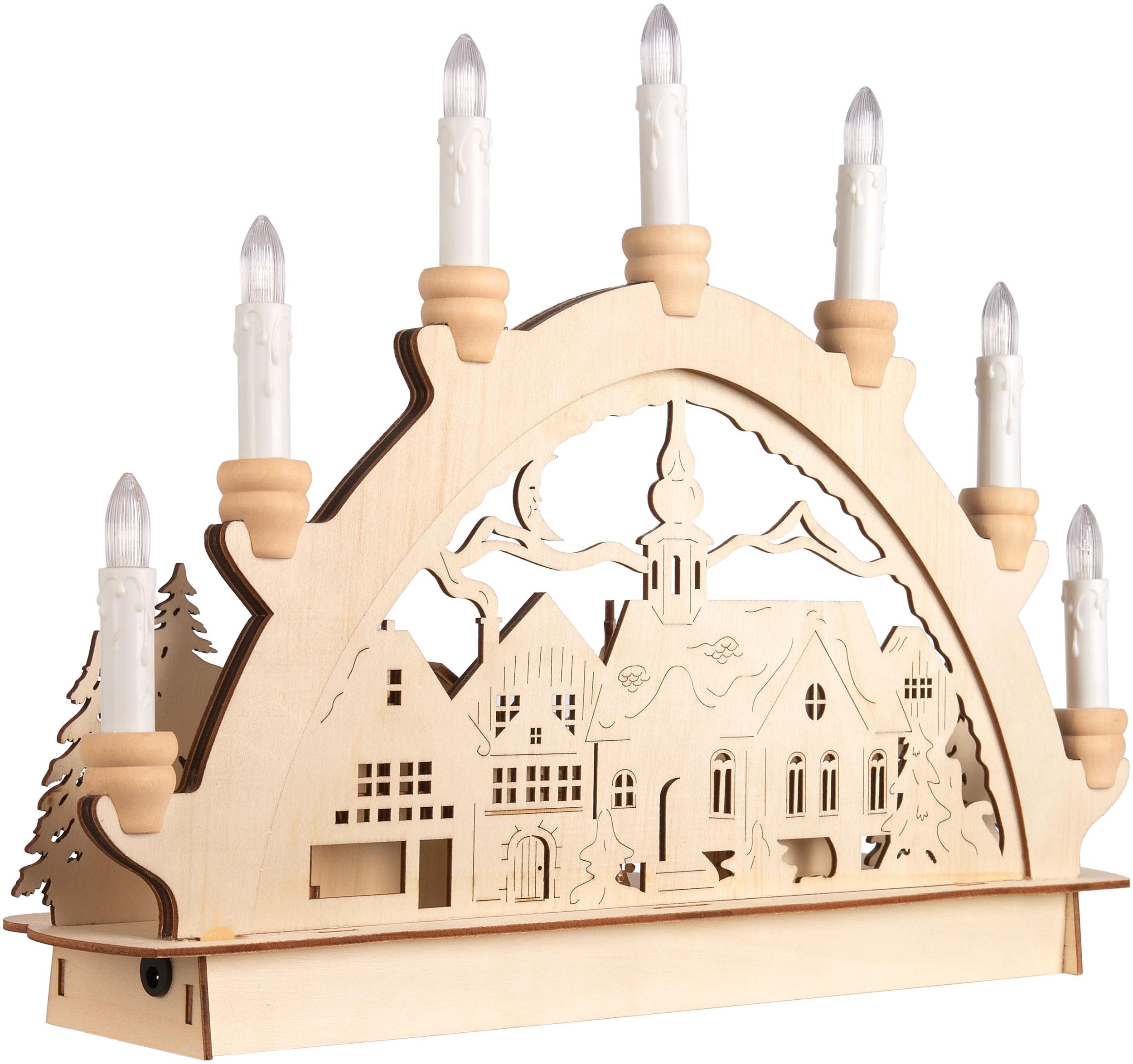 BRUBAKER 3D Lichterbogen - Schwibbogen LED Kerzen - Weihnachtsmarkt 2026 | Weihnachtsbeleuchtung aus Holz Natur - 31 x 41 x 11 cm - Handbemalte Figuren - Weihnachtsdeko für Tisch & Fenster