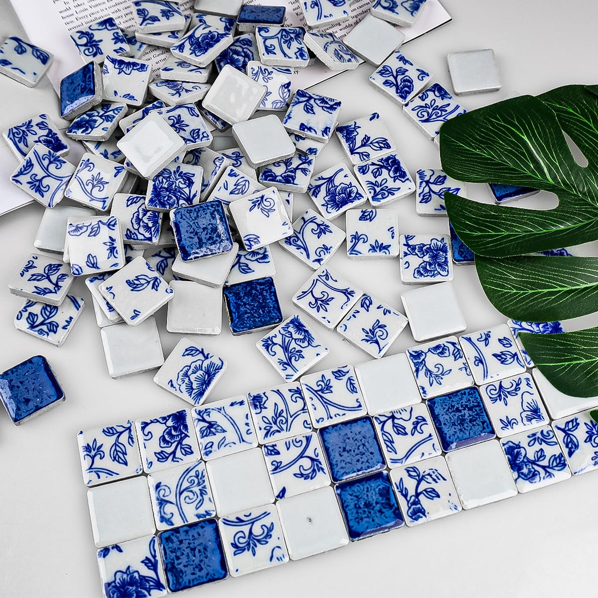 121 piezas cuadradas de porcelana azulejos de mosaico azulejo blanco esmaltado flores hojas arte arte creatividad decoración placa pasatiempo pared