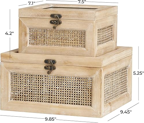 Miniatura 6 de Deco 79 Caja decorativa de madera con parte superior de vidrio, cajas de recuerdo decorativas con paneles laterales de ratán y cierres de gancho de