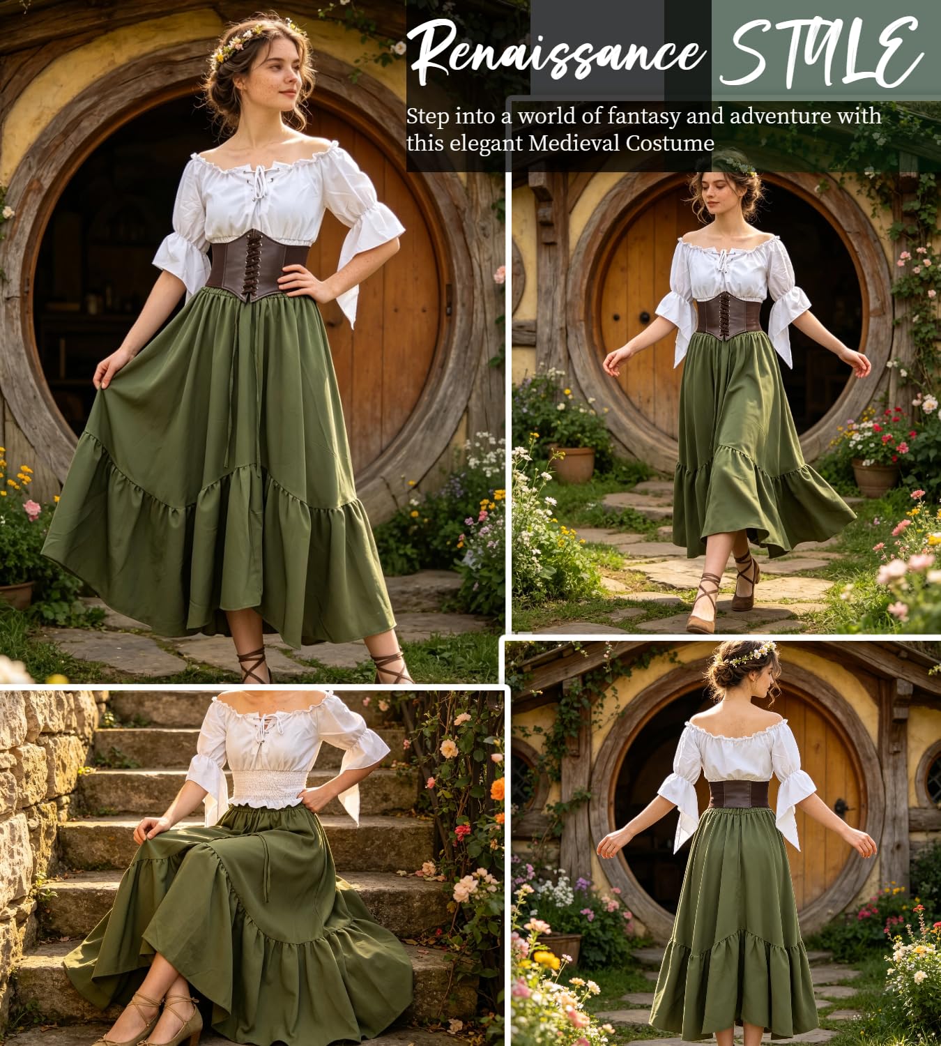 kasahara Costume Médiéval Femme Renaissance Blouse Off Shoulder Manches Évasées Jupe Corset, Déguisement Fée Pirate Sorcière Halloween Carnaval LARP