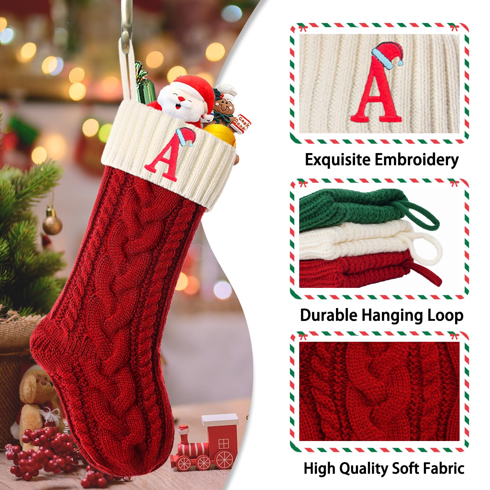Calze natalizie con iniziali grandi lettere ricamate a maglia rossa bianca calze natalizie per decorazioni vacanze in famiglia e caminetto per albero di Natale Hgq132 (M, taglia unica