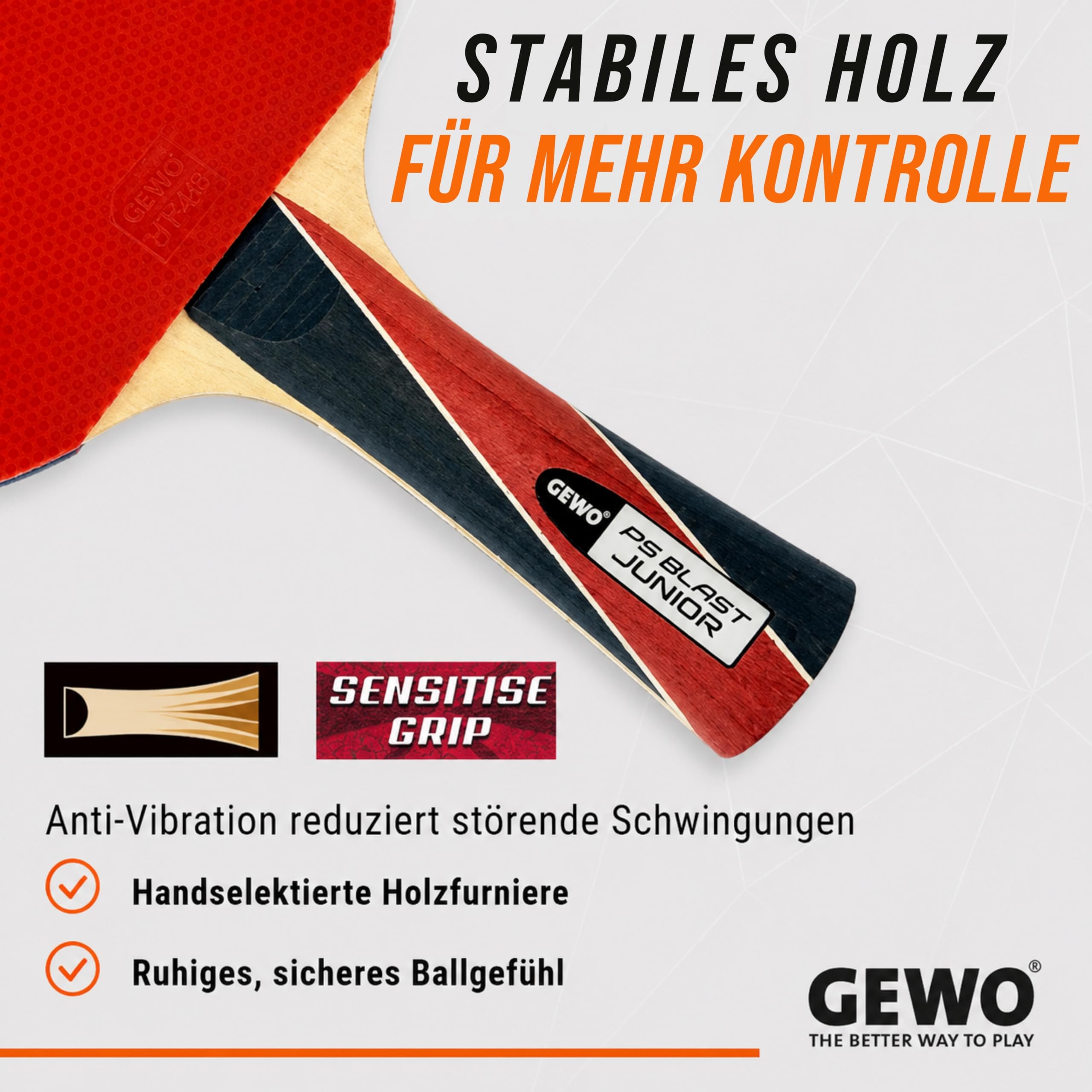 GEWO PS Blast Junior Tischtennisschläger - ITTF genehmigter Anfänger-Tischtennisschläger für Kinder und Jugendliche, Fertigschläger mit kontrolliertem Belag und hoher Rotation, konkav, 1,8mm Schwamm