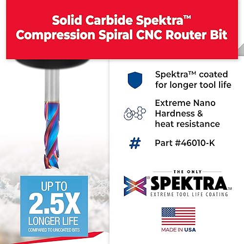 Miniatura 2 de Amana Tool Spektra Extreme Tool Life - Broca de carburo sólido CNC de compresión en espiral, 46010-K, 38 D x 1-18 CH x 38 vástago x 3 pulgadas de