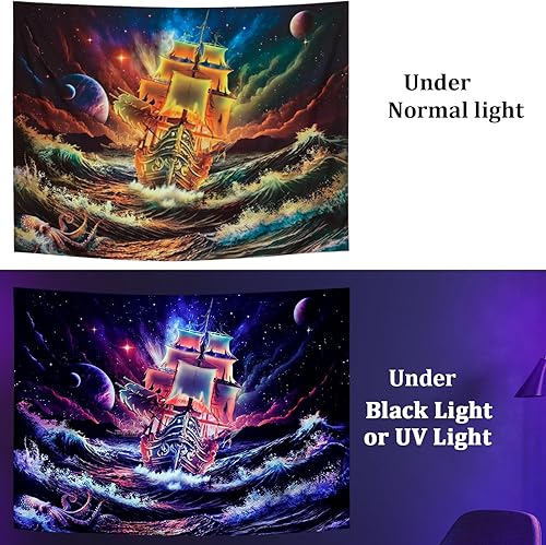 Miniatura 5 de Leofanger Tapiz de galaxia con luz negra, tapiz de planeta trippy, reactivo a los rayos UV, con ondas oceánicas y neón, tapices de pared para colgar