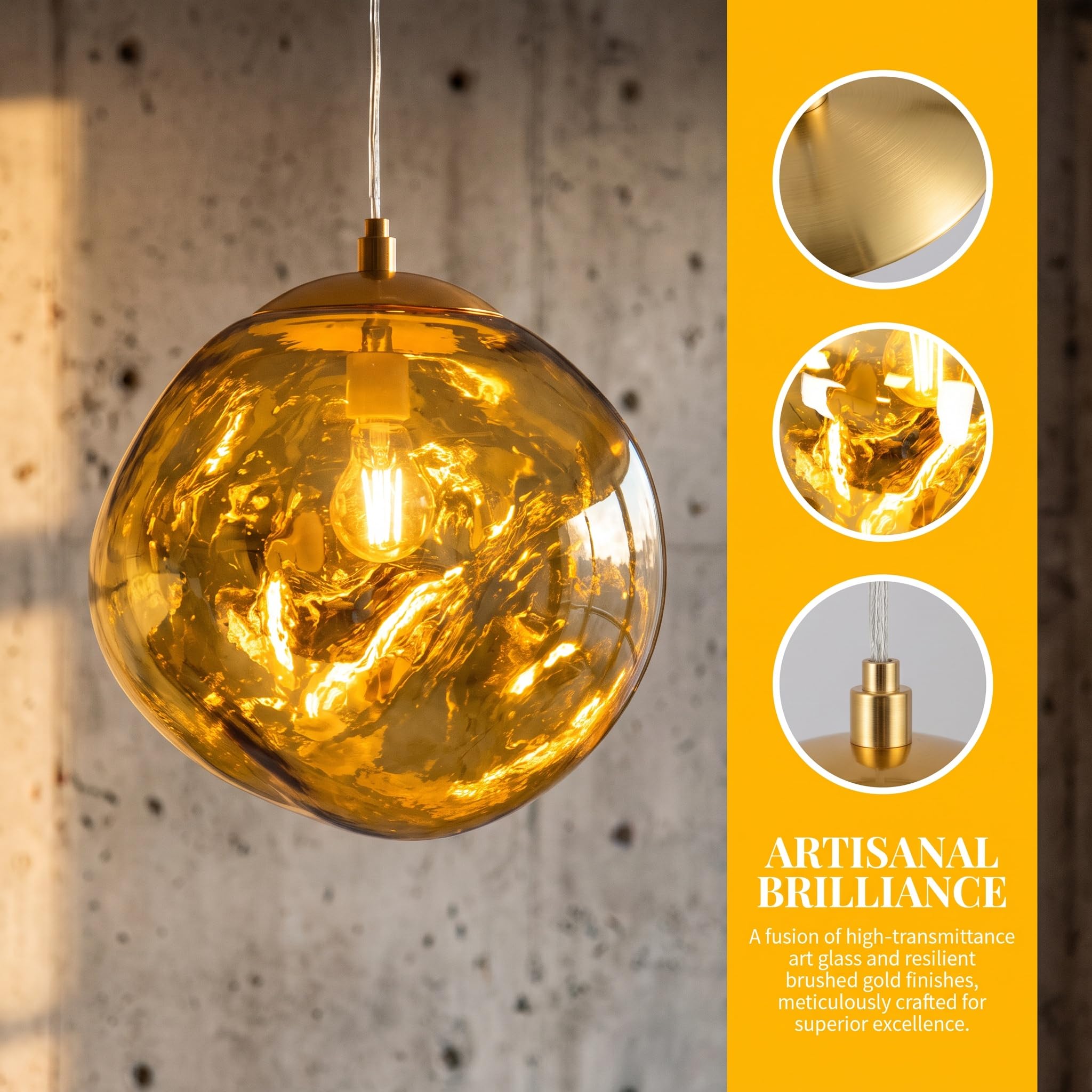 BARCELONA LED Goldene Pendelleuchte Ø28cm E27 Aus Glas | Robustes Metall, Transparentes höhenverstellbares Kabel, Bis 40 W, Für Wohn- und Esszimmer, Wohn- und Hotelbereich