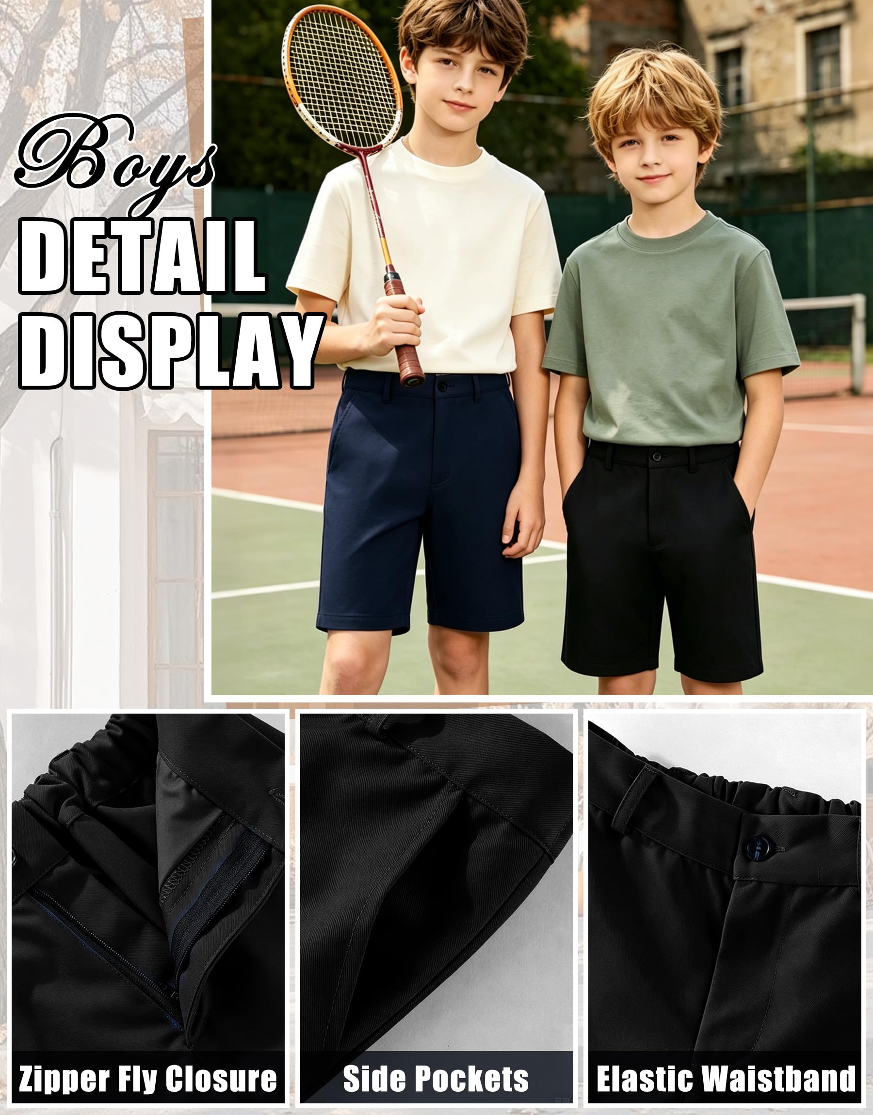 Pantalones Cortos Escolares Niños, Sin Plancha Shorts Uniforme con Cremallera Botón, Transpirable Cinturilla Elástica Pantalón Cortos Formales Deportes para Infantil Edad 7-13