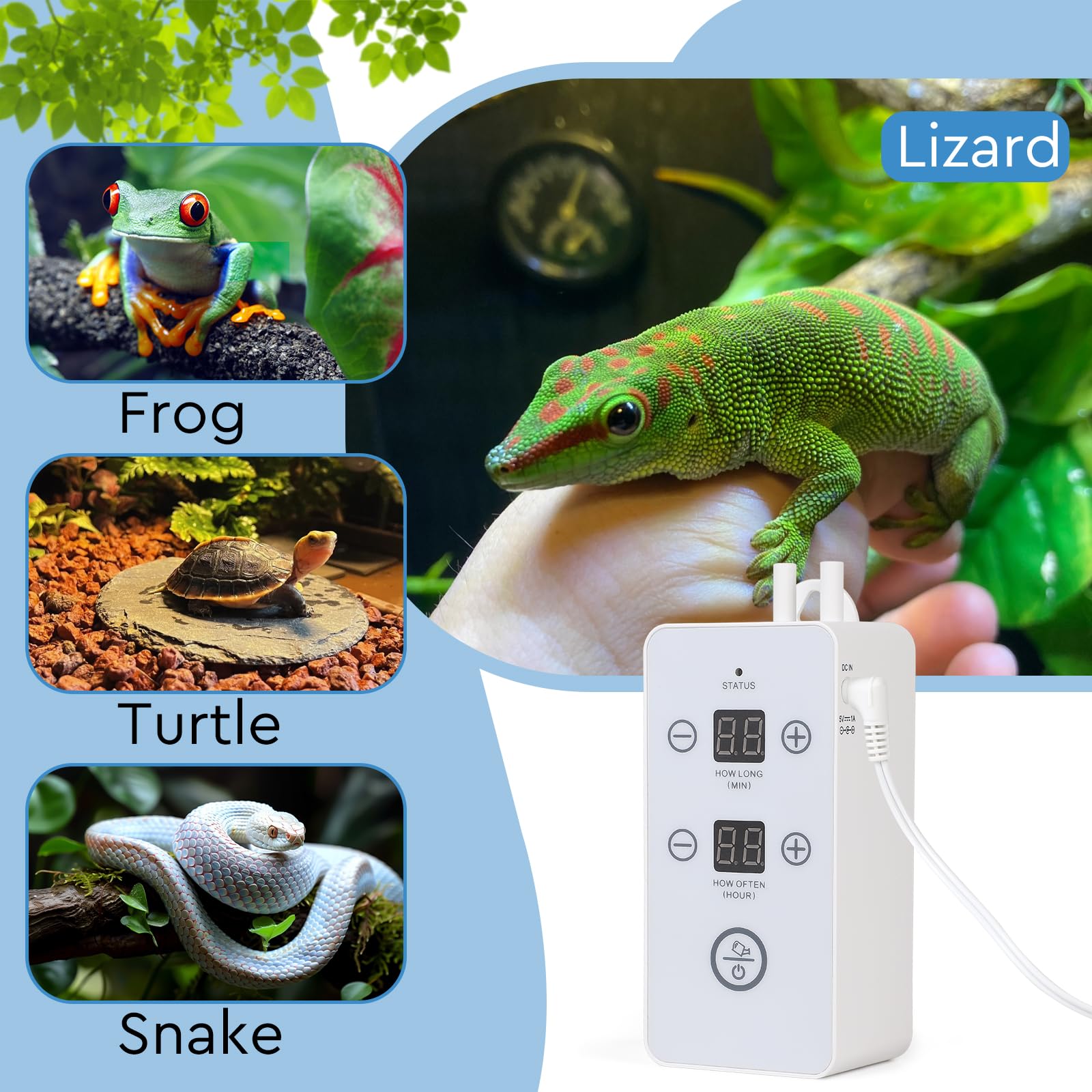 CPROSP Sistema de Riego de Terrario, Humidificador de Reptiles con Temporizador y Cabezal Ajustable de 360°, Nebulizador Reptiles para Reptiles, Anfibios, Plantas y Flores