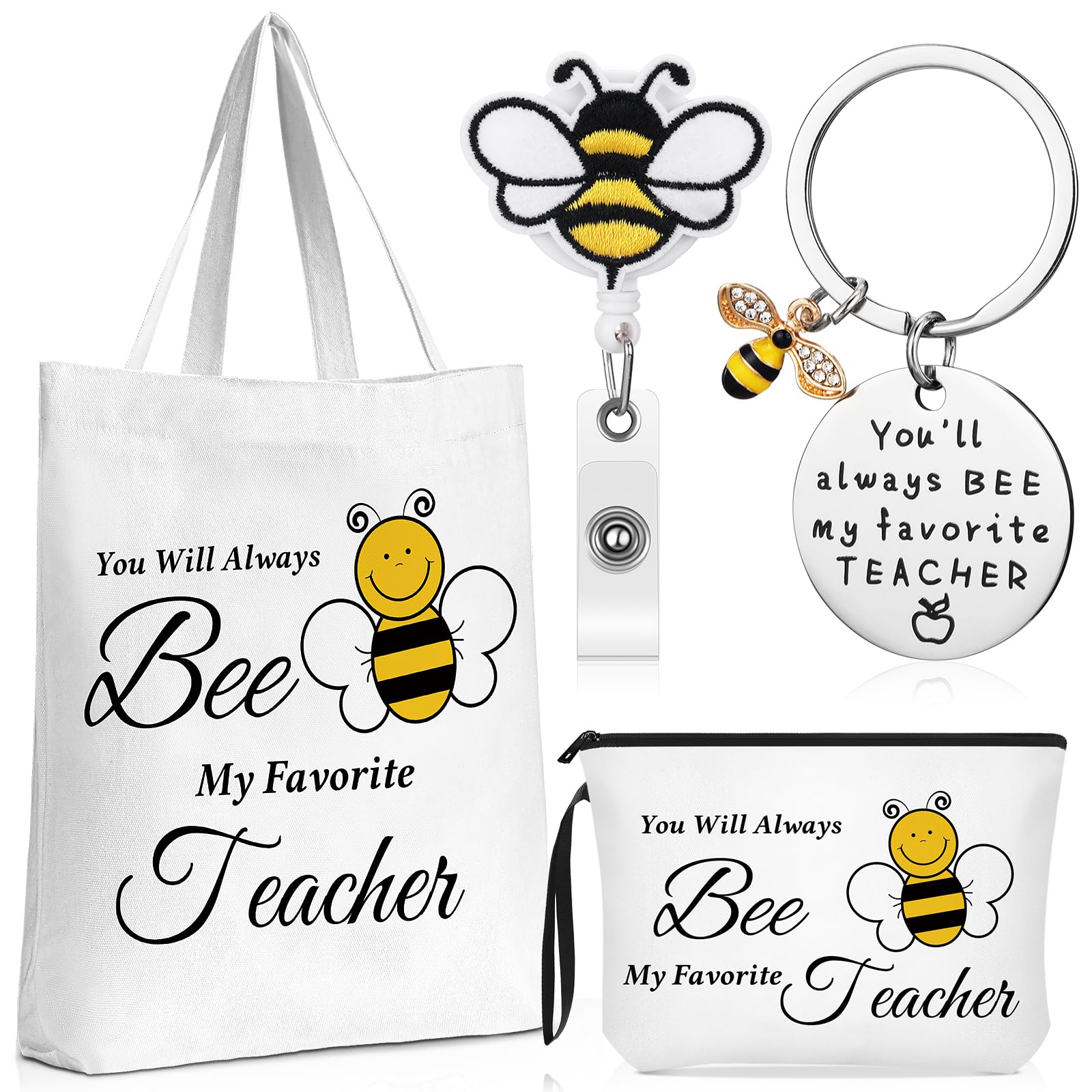 4 Pcs Teacher Appreciation Gifts for Women Include Bee Canvas Tote Bag Makeup Bag Keychain Cute Bee Retractable Badge Holders Clips Thank You Gifts for Teacher Employee Nurse